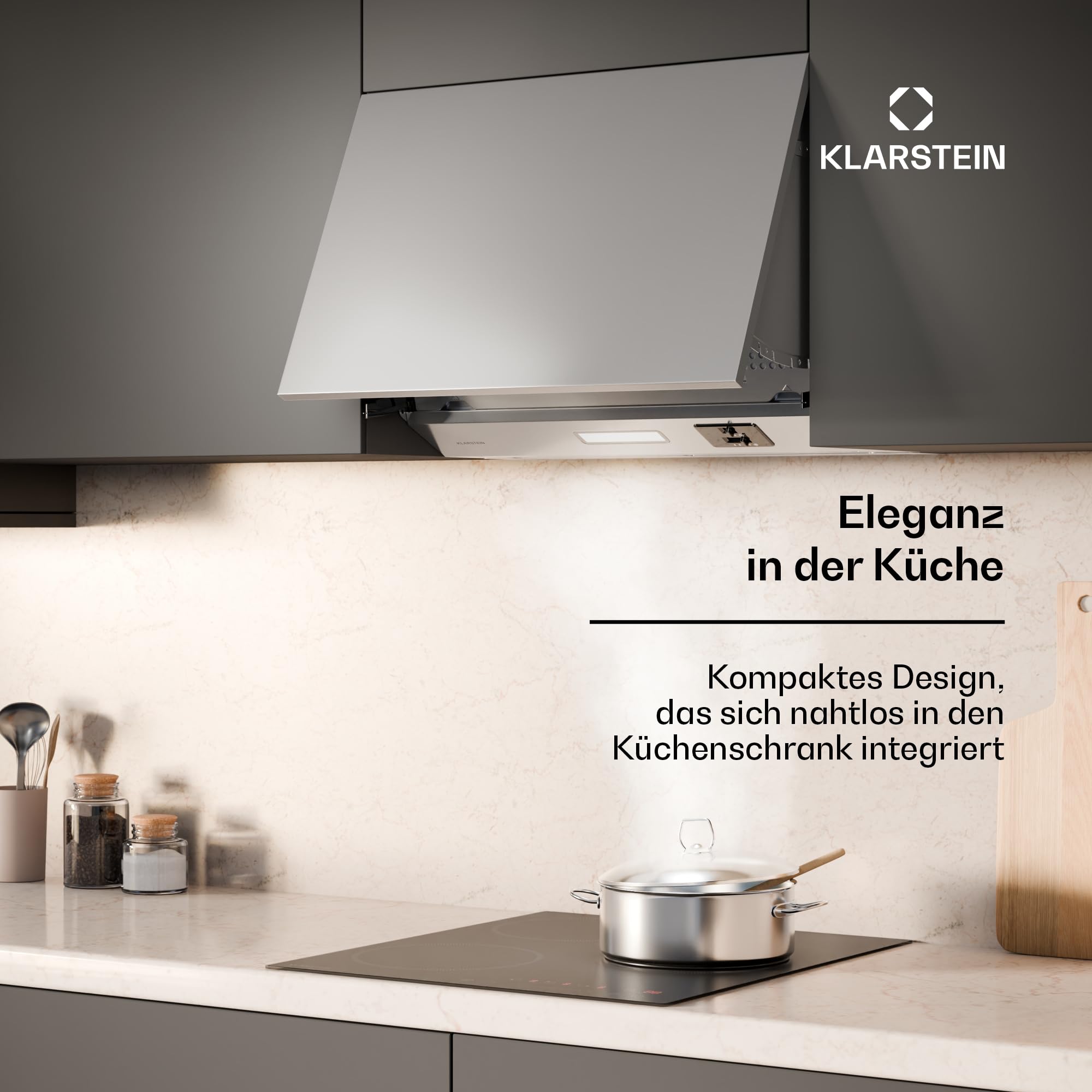 Klarstein Swift Square Unterbaudunstabzugshaube, 60 cm Dunstabzugshaube Unterbau, 380 m³/h Luftstrom, Energieeffizienz C, Doppelmotor, LED-Beleuchtung, Touch-Steuerung, Aktivkohlefilter
