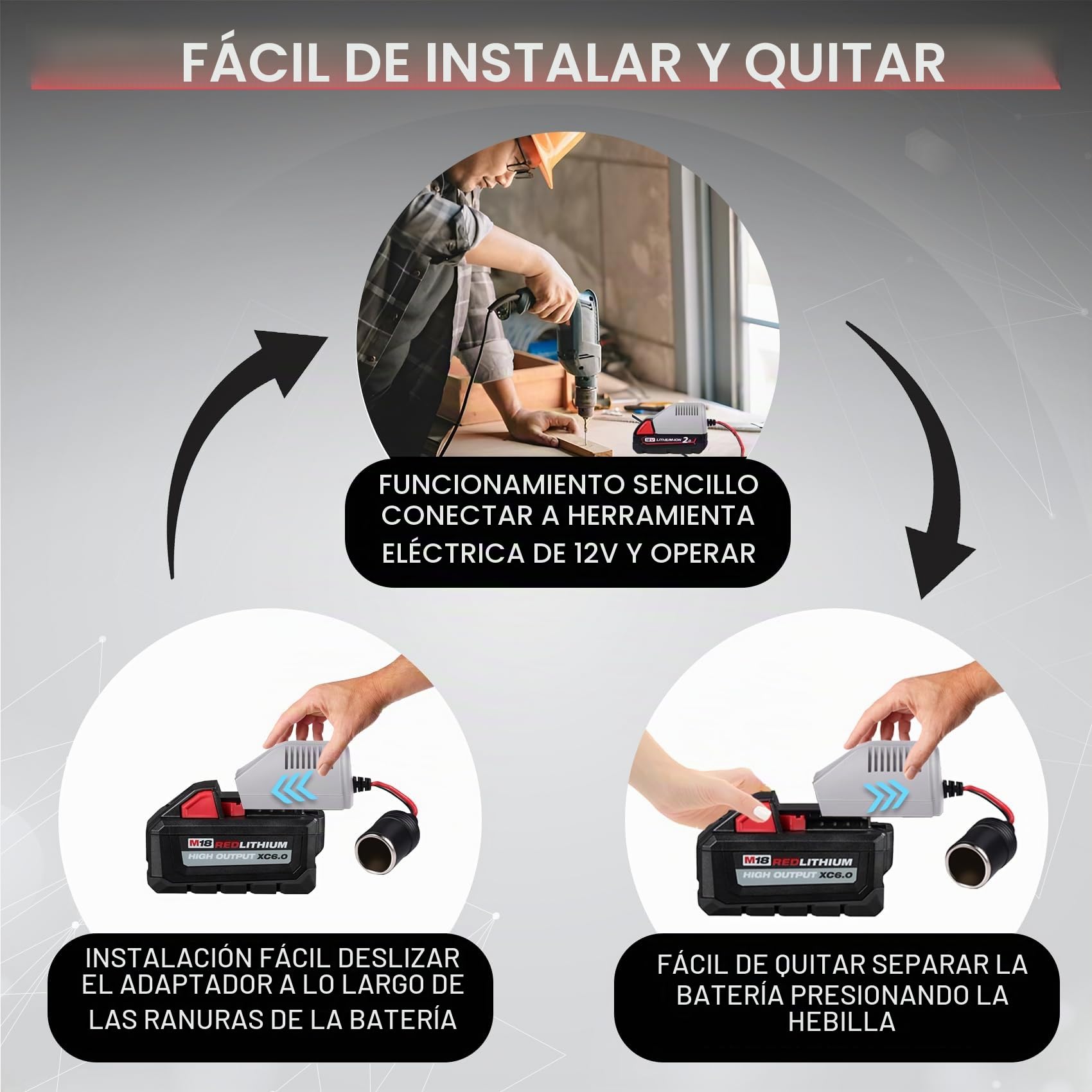 TONSIM Adaptador de Batería Milwaukee 18V – Convertidor Step Down con Puerto de Encendedor para Dispositivos 12V y Herramientas Eléctricas – Compatible con Todas Las Baterías Milwaukee 18V
