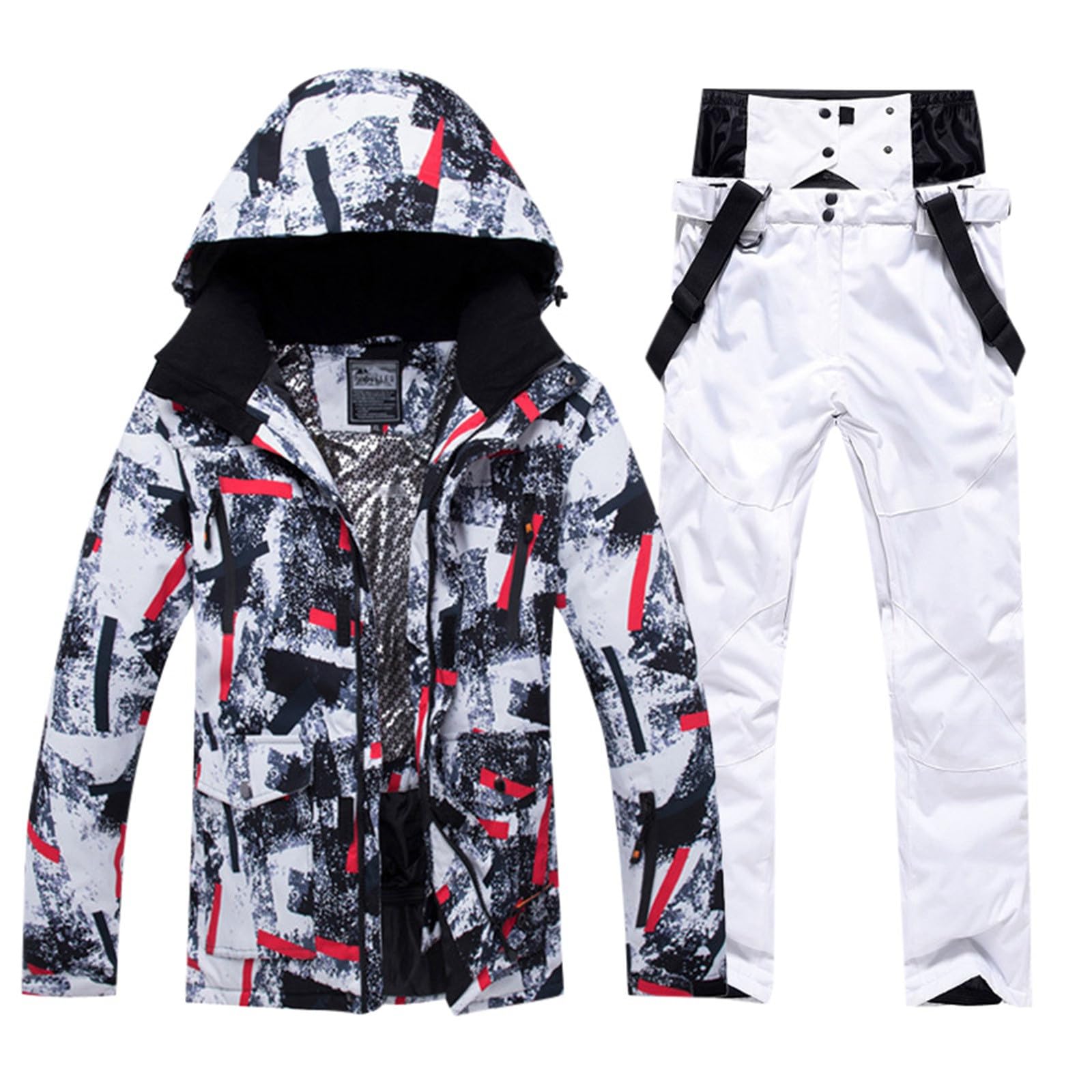 Generisch Skijacken Hosen Set Winddicht Schneeanzug Männer 2-Teilig Winter Komfort Bunt Bedruck (White, L)