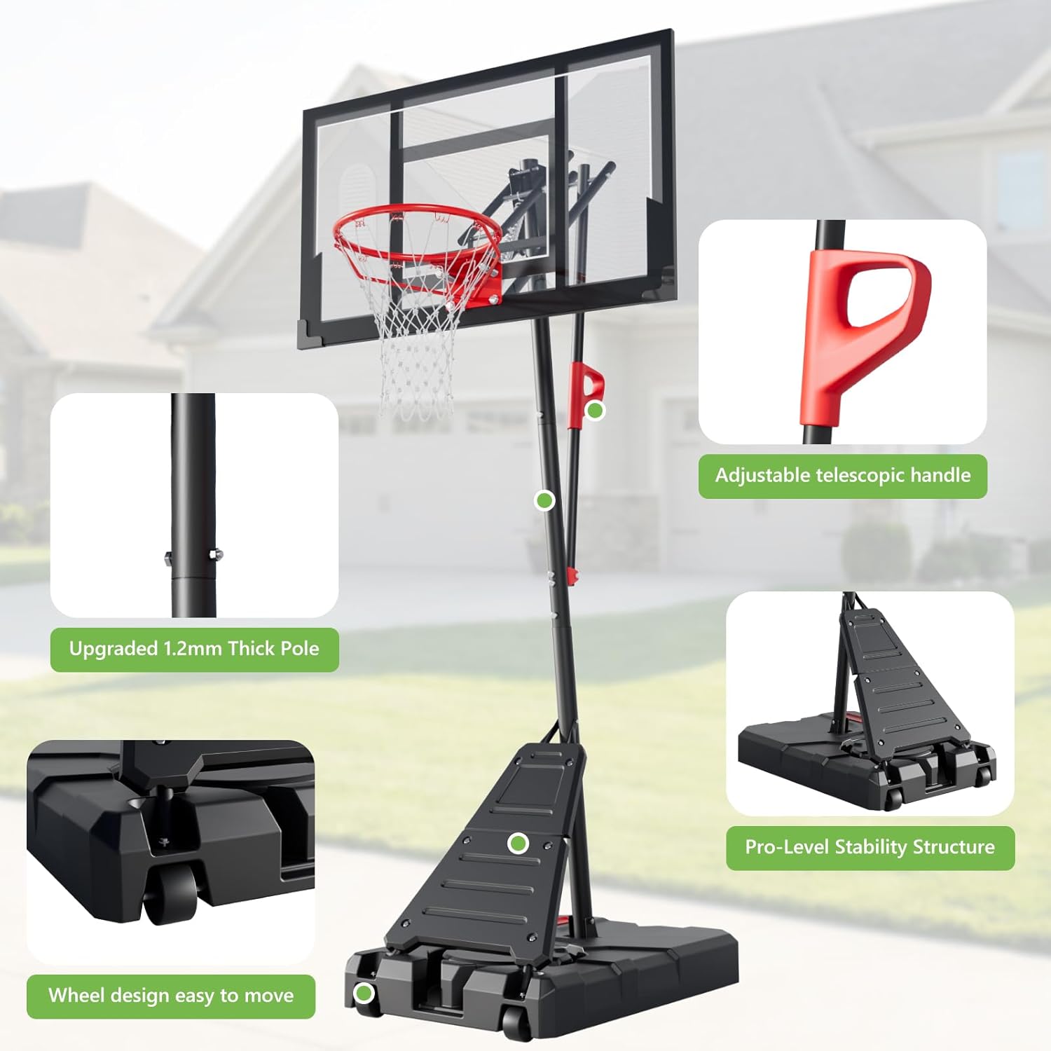 Portable Basketball Hoop Outdoor, 4.9–10FT Adjustable Height Goal System with 40 Inch Shatterproof Backboard and 2 Wheels for Driveway, Backyard & Training Practice