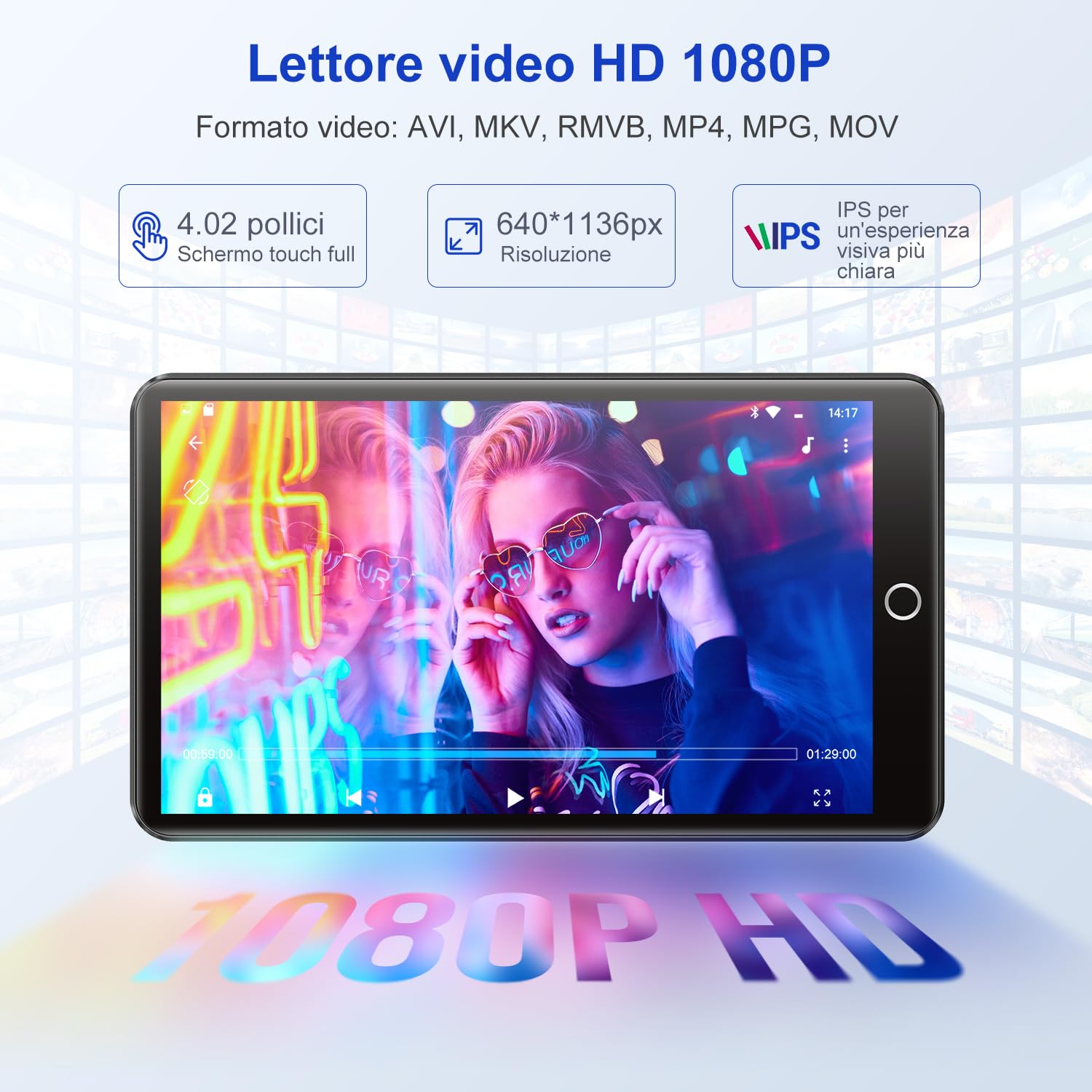 Lettore MP3 da 96 GB con Bluetooth e Wi-Fi, touchscreen IPS da 4,0 pollici, lettore musicale Android, altoparlante integrato, compatibile con Spotify, Deezer, Audible, espandibile fino a 1 TB