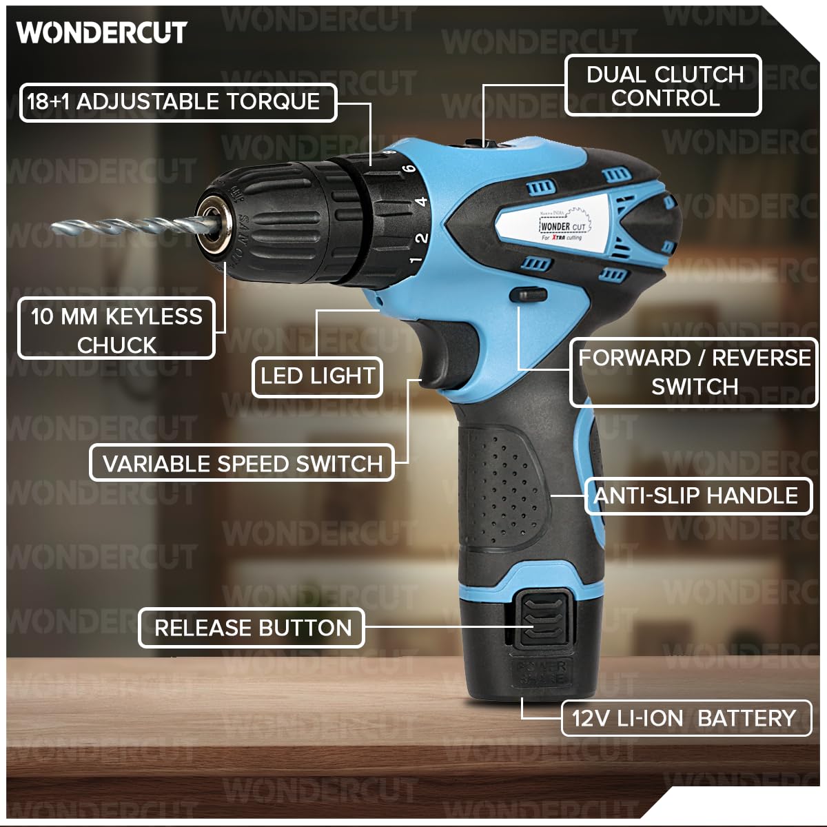 Wonder Cut 12V Cordless Drill Driver WC-CD1007-B |18 Settings |1450 RPM | 10Mm Keyless Chuck | LED Light | 2-Speed Mode | 1500Mah Battery | 2 Battery | 27 Accessories | Home & DIY Projects, Multicolor product image 4