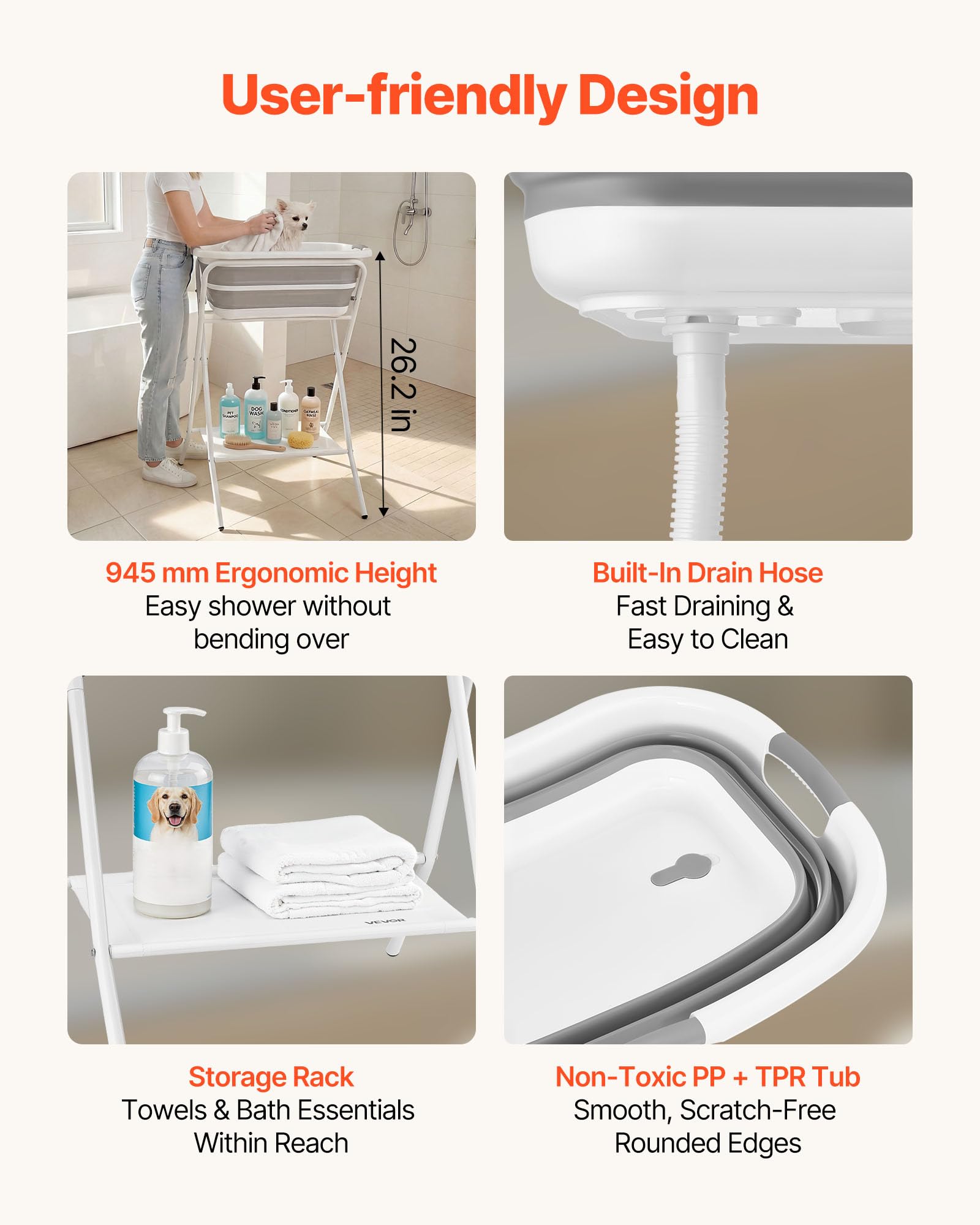 VEVOR Bañera Elevada para Perros Gatos Pequeños con Soporte, Bañera Plegable Portátil 2 en 1 para Mascotas de 1,8 a 8 kg, Estación de Baño con Estructura en X, Desagüe con Manguera, Uso en Mesa Suelo | Soporte estable y seguro, diseño fácil de usar