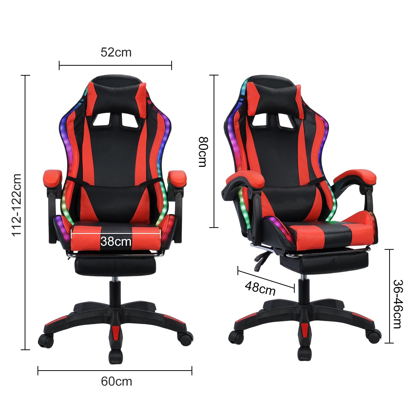 Gaming-Stuhl mit BT-Lautsprechern, LED-Gaming-Stuhl, höhenverstellbar, einziehbare Fußstütze, Kunstleder-Liegestuhl, 360° drehbar, Computerspielstühle für Freizeitraum, Internet, Café, Schwarz und Rot