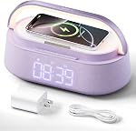 FREEFISH 6-in-1 réveil avec haut-parleur Bluetooth, recharge sans fil, FM Radio, lumière de nuit, porte-téléphone, horloge numérique, 15W Chargeur rapide pour iPhone 16/15/14/13 Samsung, Cadeau de bureau dans la chambre à coucher (bois)