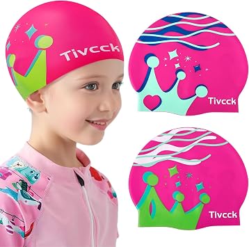 2 Pcs Kids Swim Cap,Silicone Swimming Cap for Girls Boys Teens Toddler,Kids Swim Caps for Girls,Waterproof Bathing Caps Keep Hair Dry,Fun Swimming Hat for Long and Short Hair