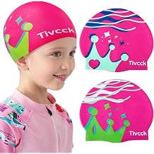 2 Pcs Kids Swim Cap,Silicone Swimming Cap for Girls Boys Teens Toddler,Kids Swim Caps for Girls,Waterproof Bathing Caps Keep Hair Dry,Fun Swimming Hat for Long and Short Hair