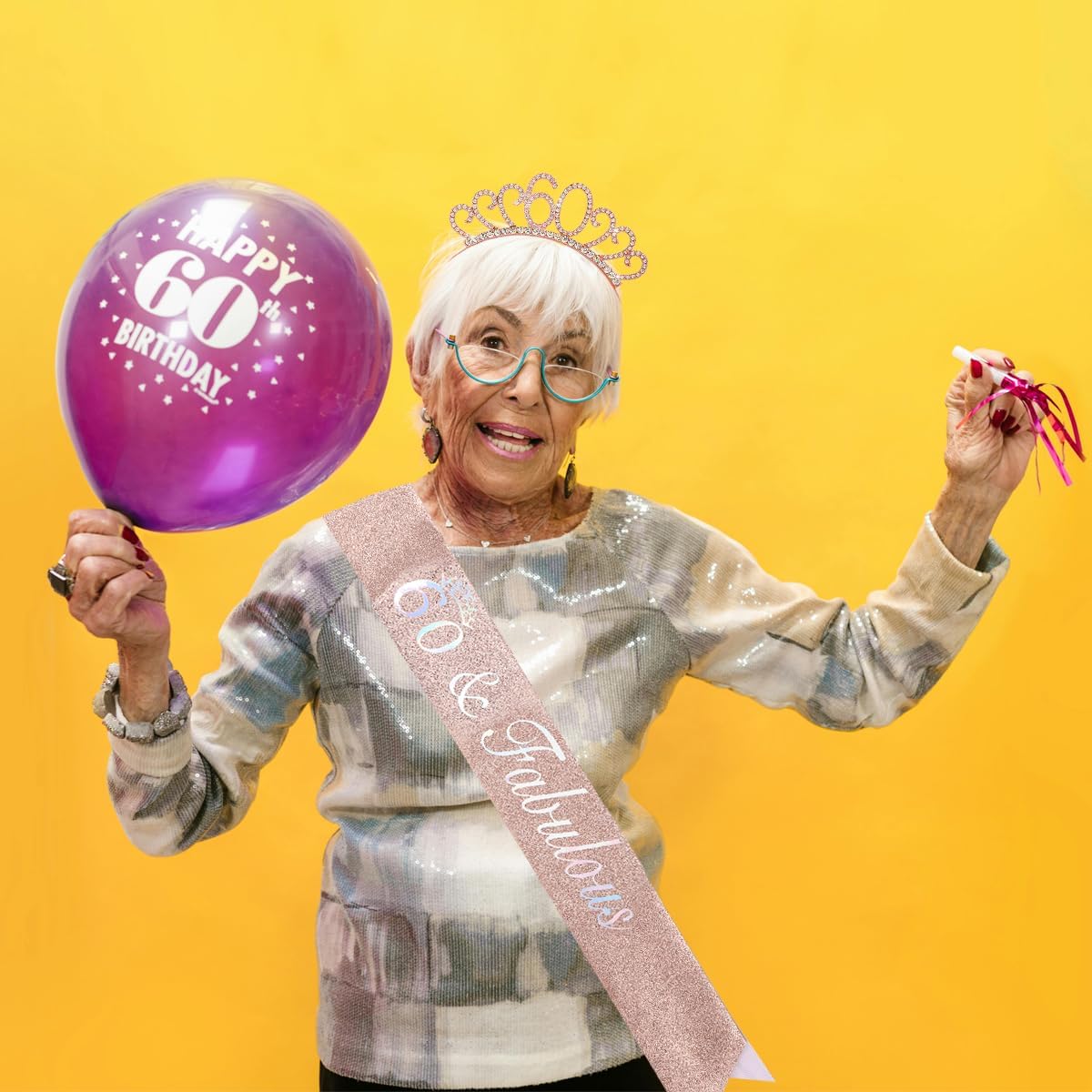 60th Birthday Decoration for Women,Rose Gold Birthday Sash and Rhinestone Headband for Women's 60th Birthday Party Decor