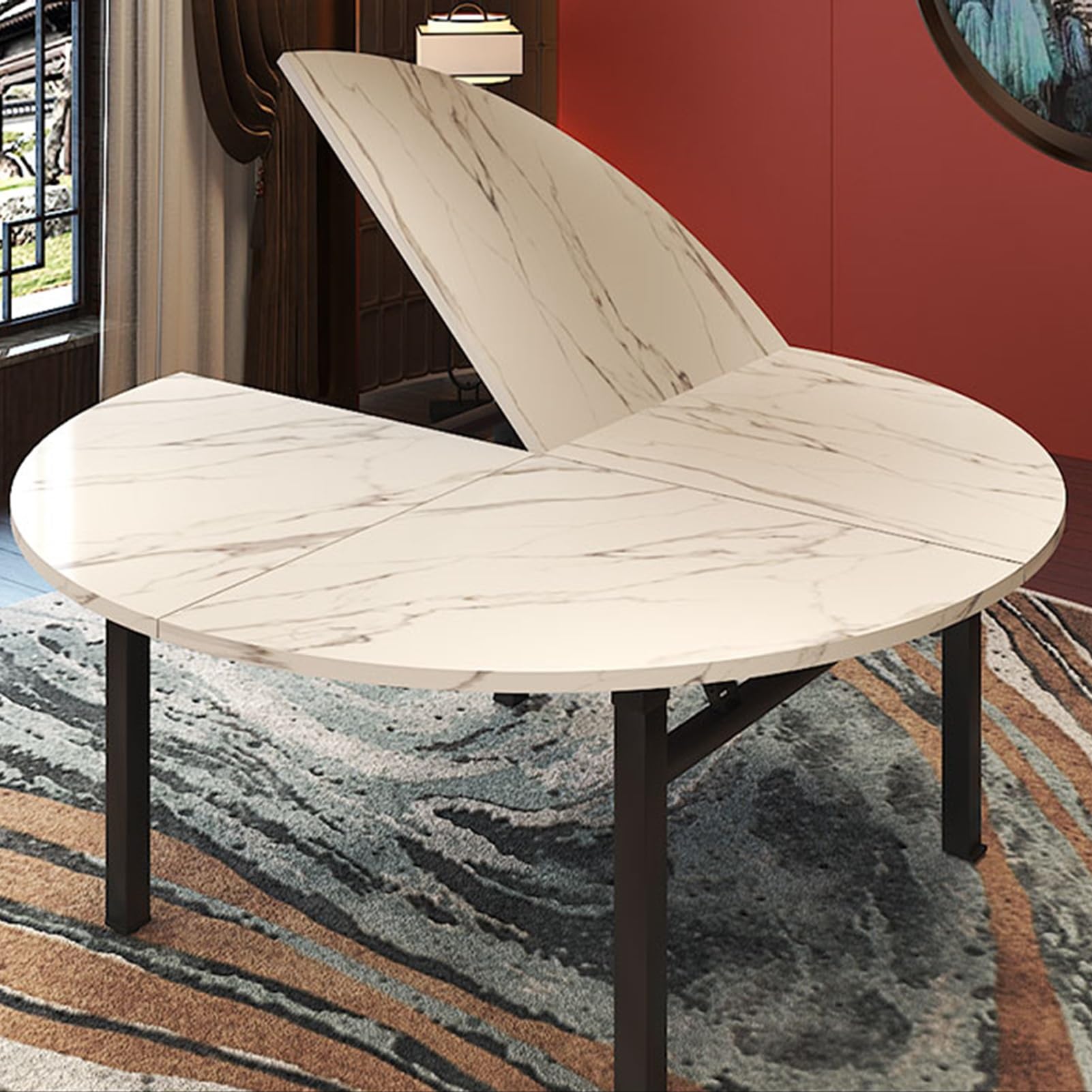 Table ronde pliable gain de place Cokelio 120cm Métal et plateau 3 parties Bois Noisette