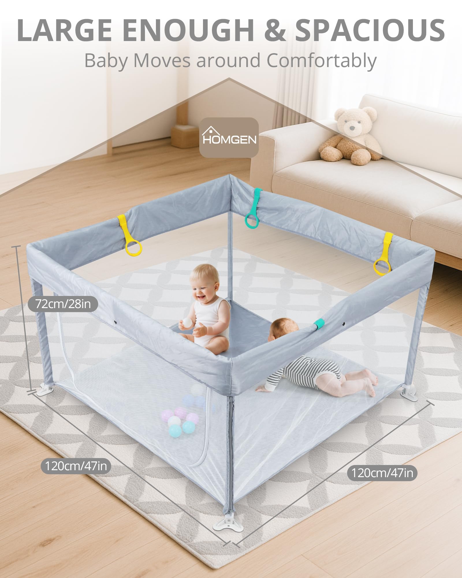 HOMGEN Parco Pieghevole per Bambini 120x120cm con Tessuto Oxford Lavabile Recinto per Neonati Pieghevole con Pallini e Maniglie, Box Bambini Montaggio Zero Porta con Zip Esterno - Grigio