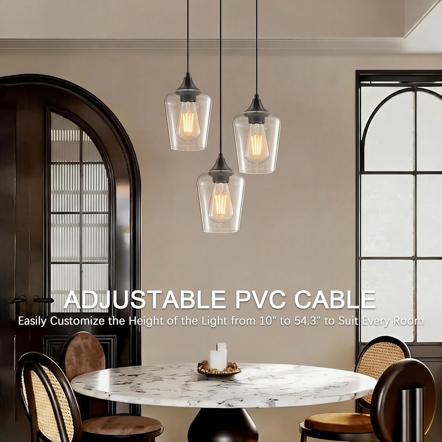 Ralbay Matte Black Industrial Pendant Light 3-Pack, Pendant Light Fixtures with Wine Clear Glass Shade, Adjustable Height for Kitchen Island, Farmhouse Dining Room Hanging Lighting Fixture