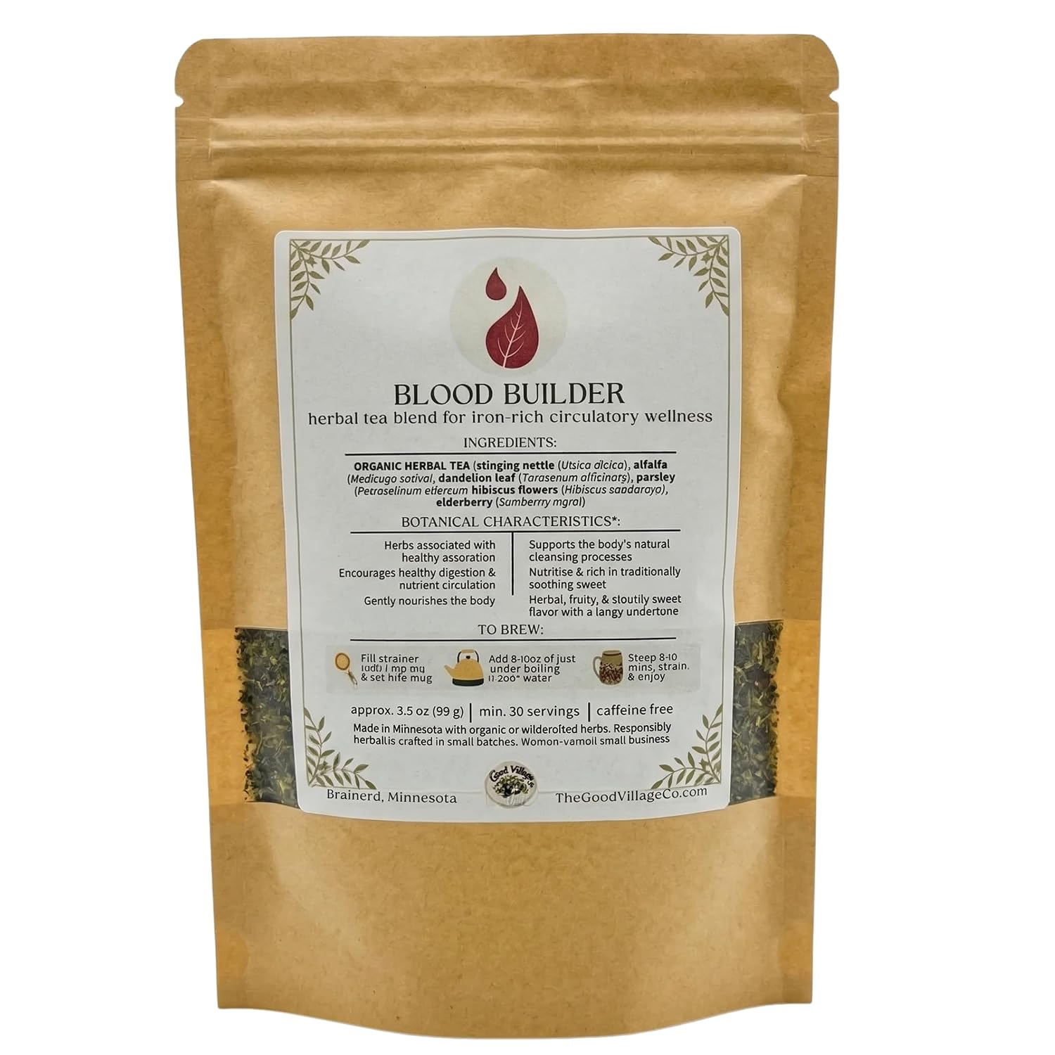 The Good Village Co. Blood Builder Loose Leaf Herbal Tea, Caffeine Free Botanical Blend with Nettle, Alfalfa, Dandelion Leaf, Parsley, Hibiscus & Elderberry, 3.5 oz, Approx. 50...