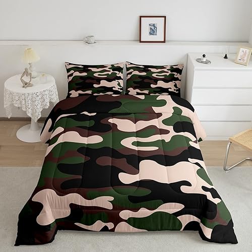 Juego de edredón de camuflaje de tamaño individual, juego de ropa de cama de 3 piezas para niños, niñas y adolescentes, 1 edredón y 2 fundas de