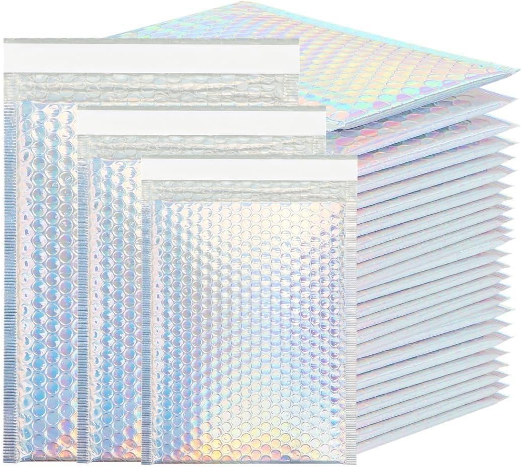 50-pak holograficznych metalicznych kopert bąbelkowych z samouszczelniającymi, amortyzowanymi kopertami w trzech rozmiarach do telefonów pocztowych, biżuterii, akcesoriów do makijażu