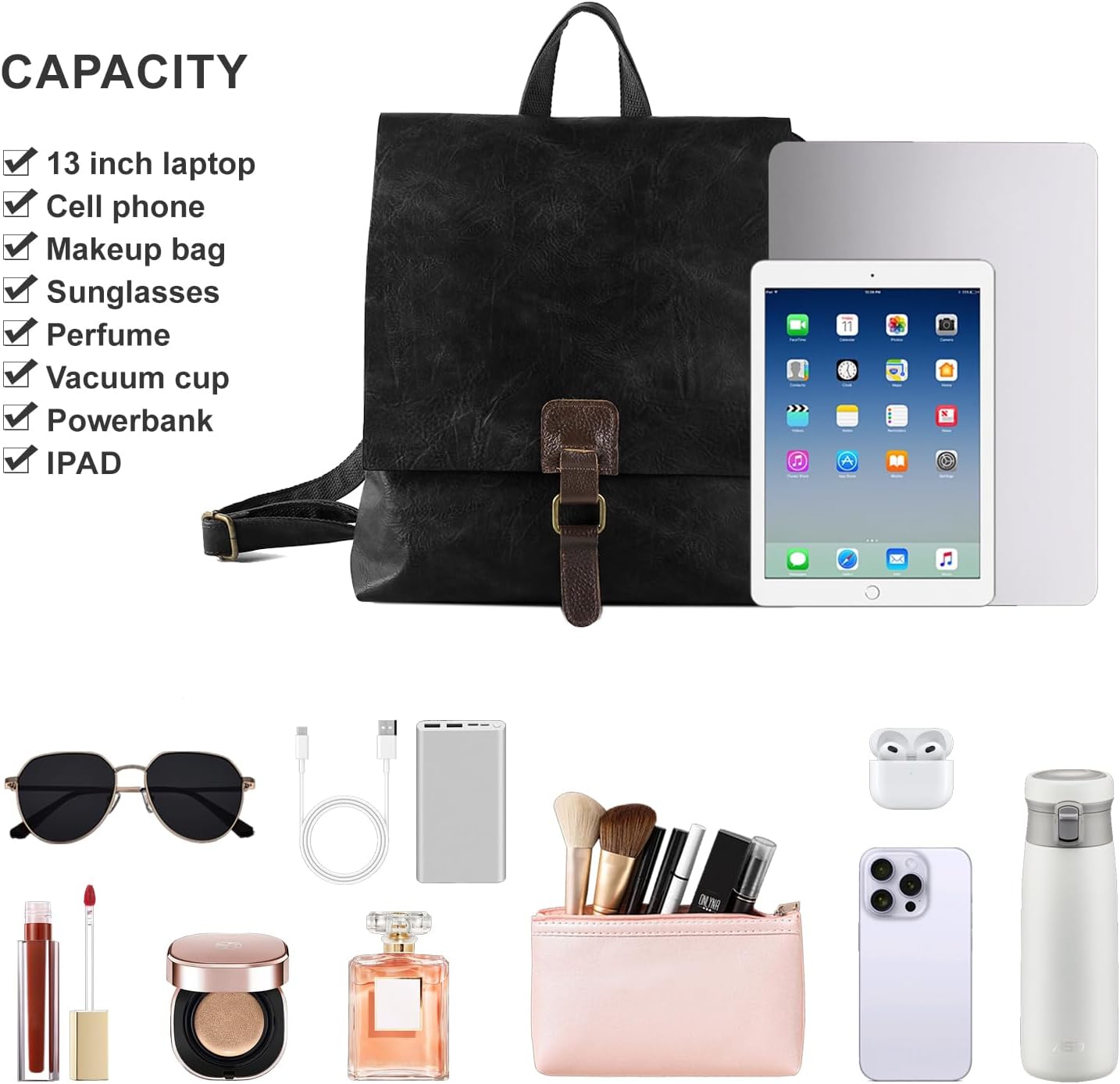 Women's Fashion Backpack Purse Multipurpose Design Convertible Satchel Handbags Shoulder Bag Travel bag (Black) - Image 5