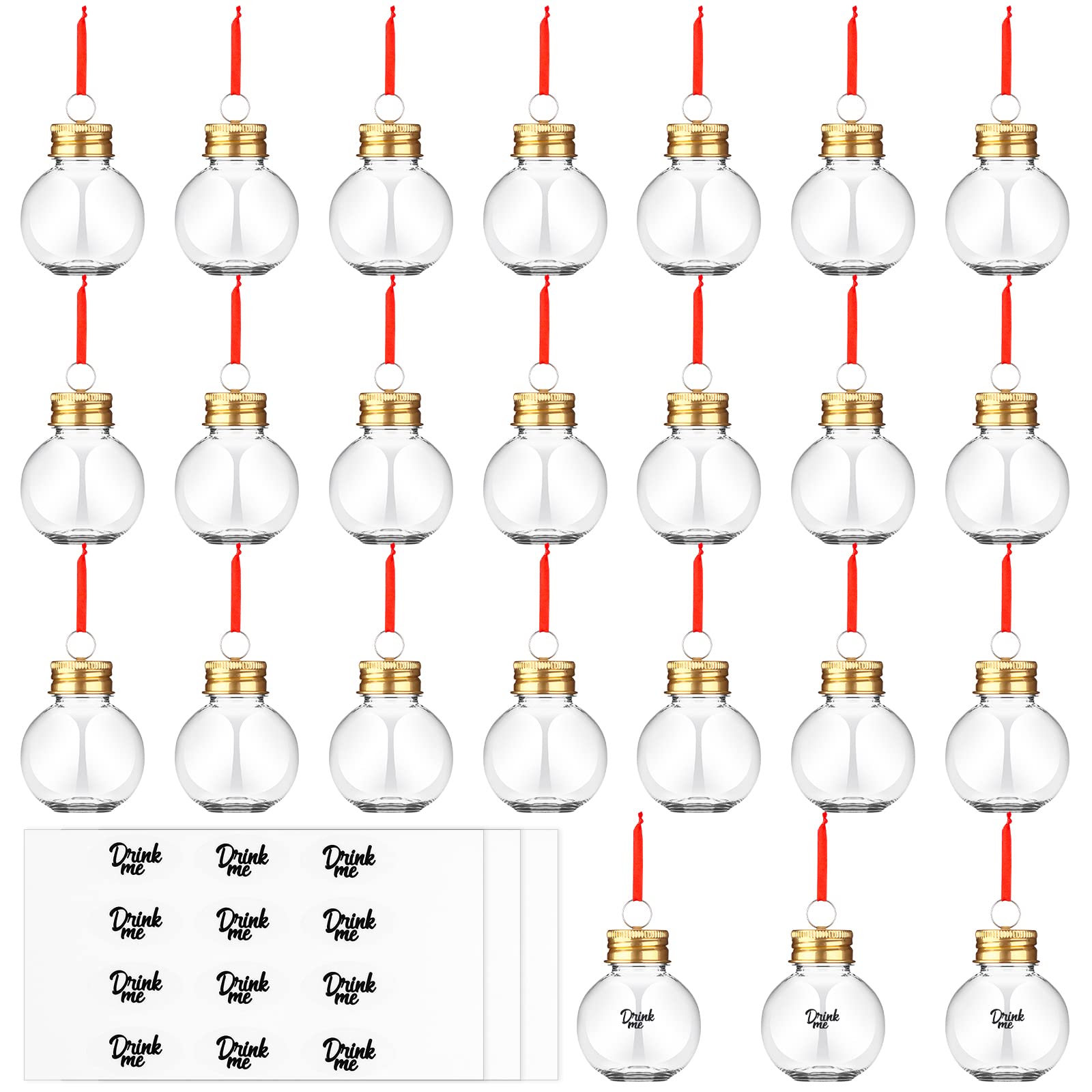 24 Pieces Christmas Booze Balls with Red Ribbon Christmas Fillable Booze Tree Ornaments Clear Plastic Round Ornaments Pendant Ball with Stickers for Holiday Wedding Party Decor (Gold)