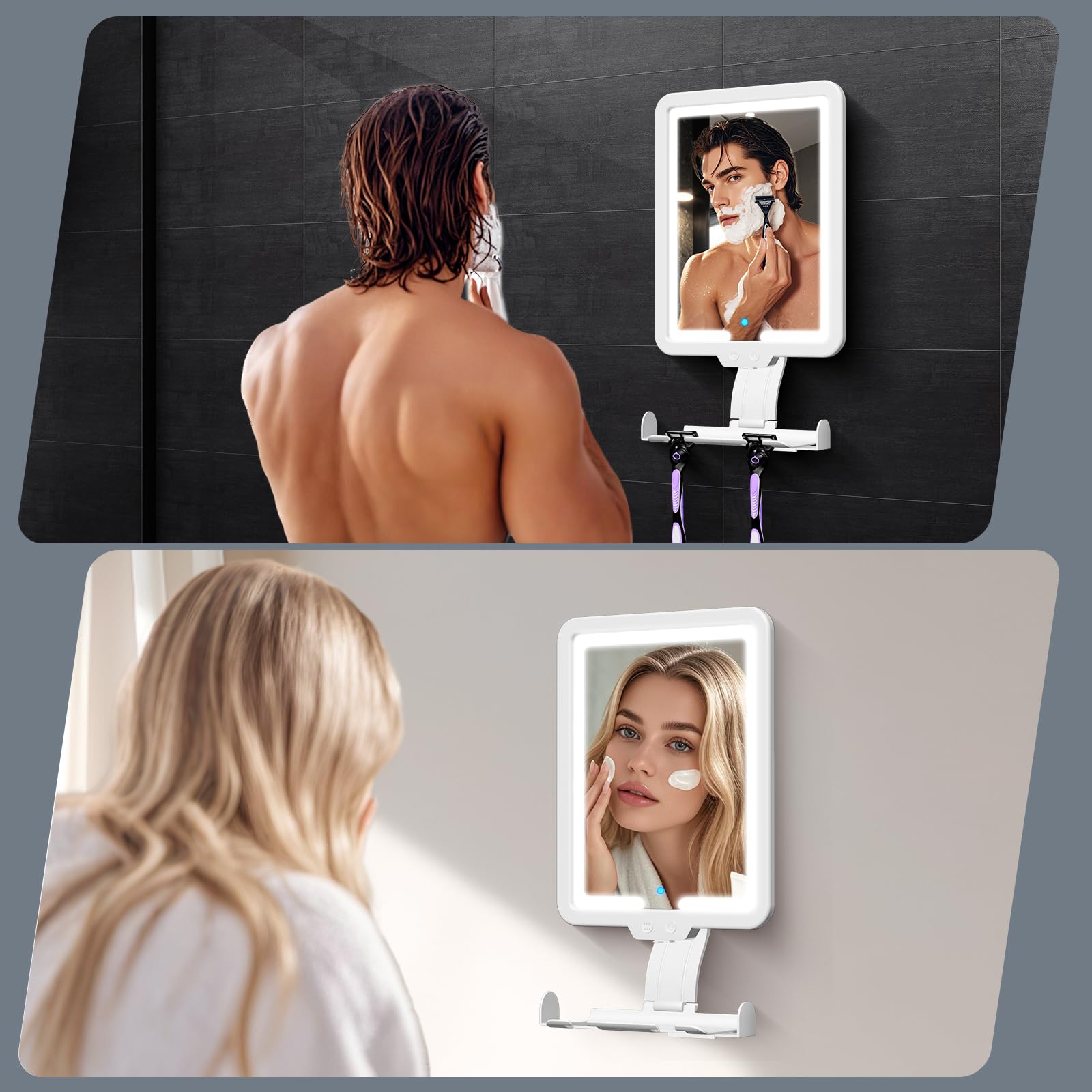 Specchio da Doccia Riscaldato Antiappannamento per Rasatura, Specchio da Doccia con 3 Luci Colorate, Specchio da Barba per Doccia Grande a Parete 24x18 cm con Porta Rasoio (Bianco)