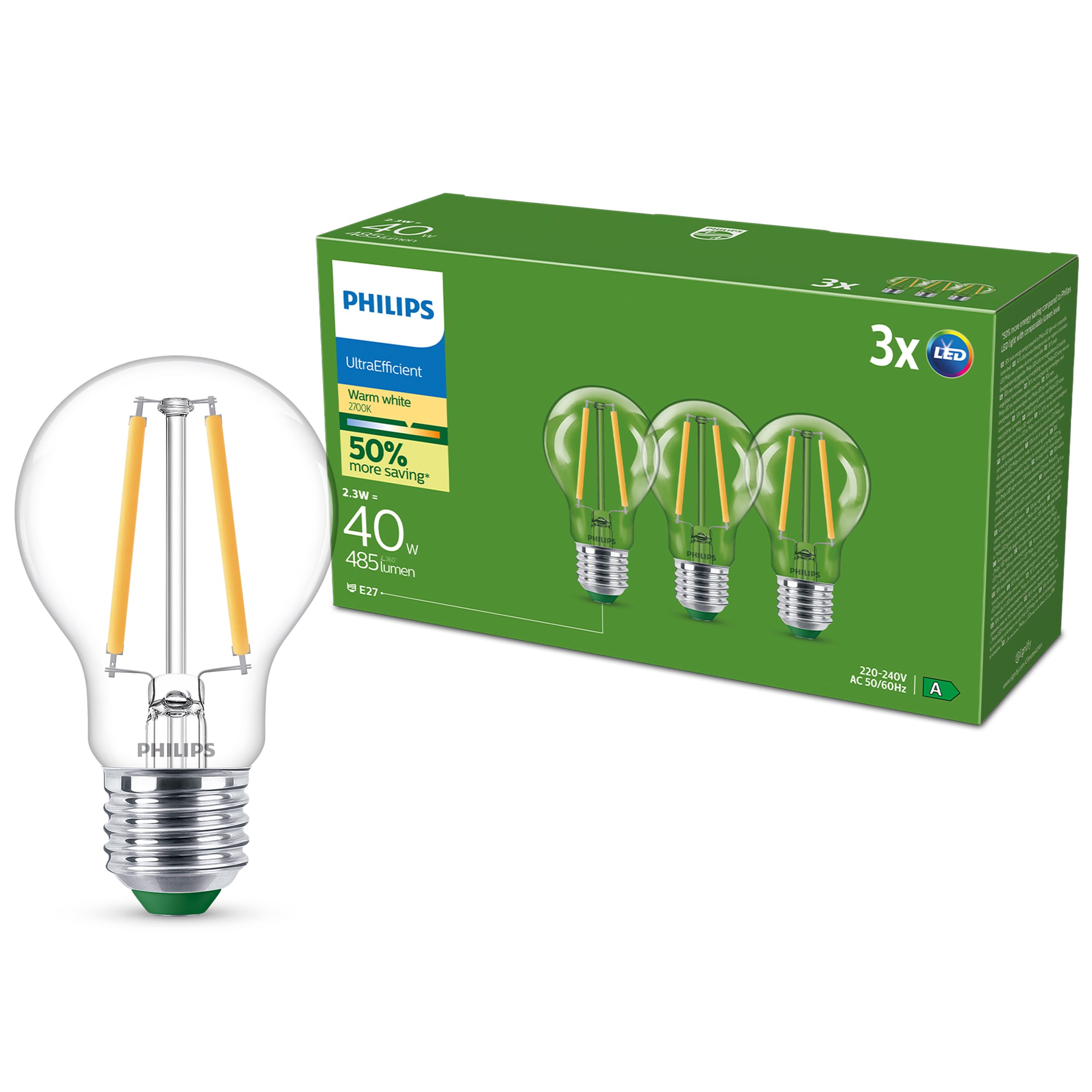 Philips E27 Led Bulb A60 2.3W 485Lm 2700K Filament 3-Pack