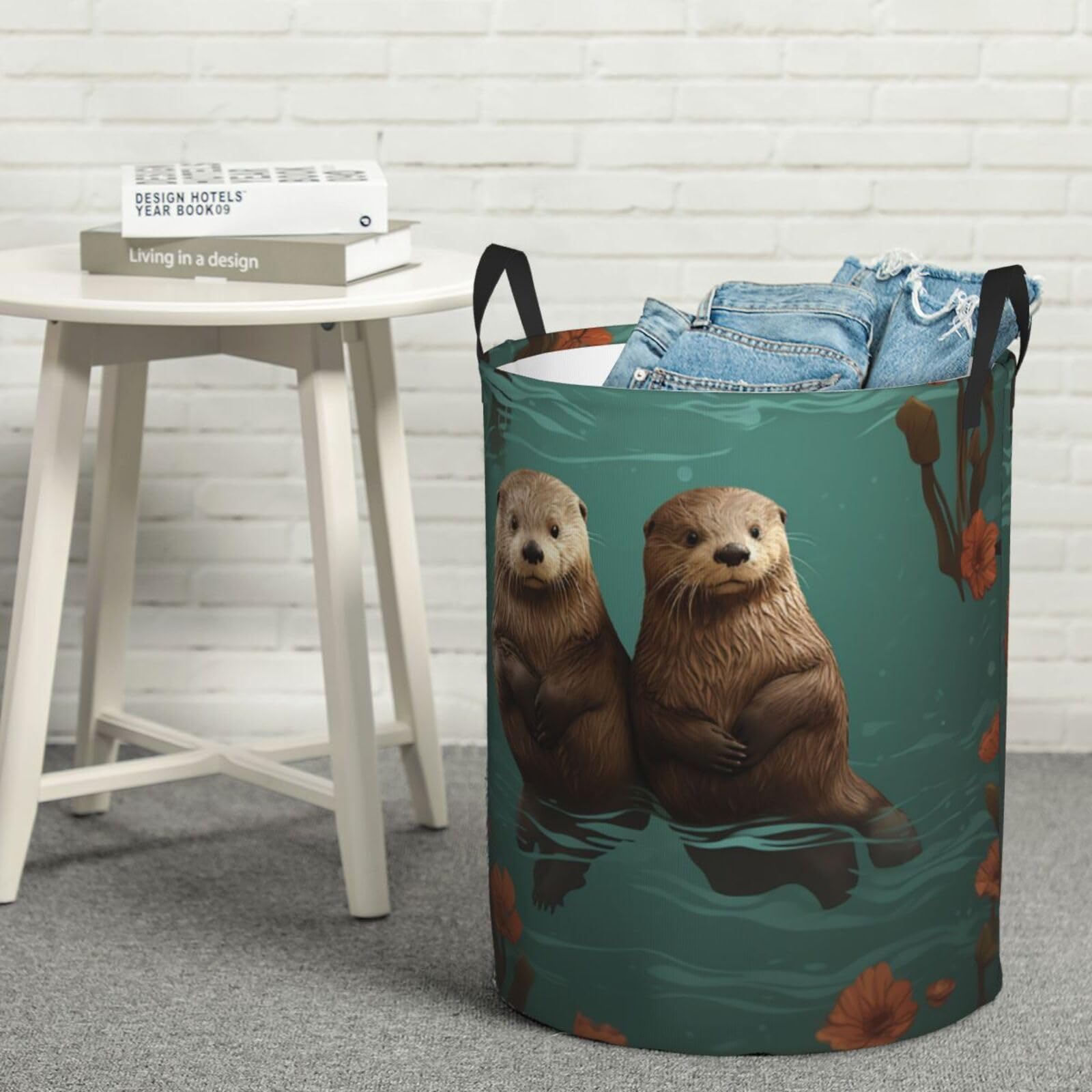Fodpand Black Otters In Love Laundry Basket With Handle, Freestanding Laundry Hamper, Collapsible Dirty Clothes Hamper, Waterproof Fabric Blanket Storage Basket Tall Toy Storage Bin Room Decor Medium