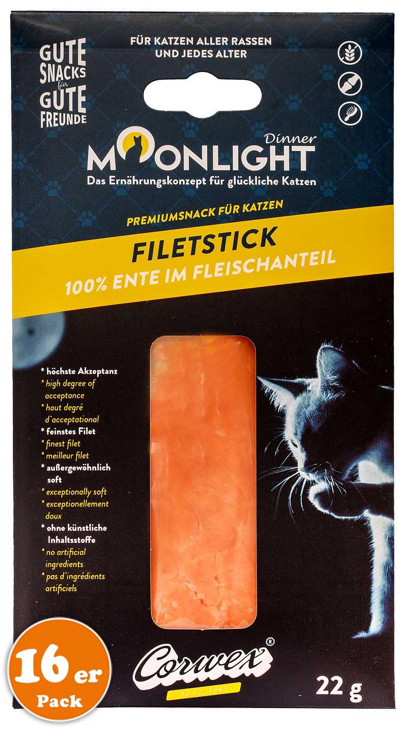 Moonlight przekąska dla kota, filet w sztyfcie (16 x 22 g, kaczka), bez zbóż, 100% kaczka z zawartością mięsa, przysmaki dla kota o wysokiej akceptacji, wyjątkowo miękka