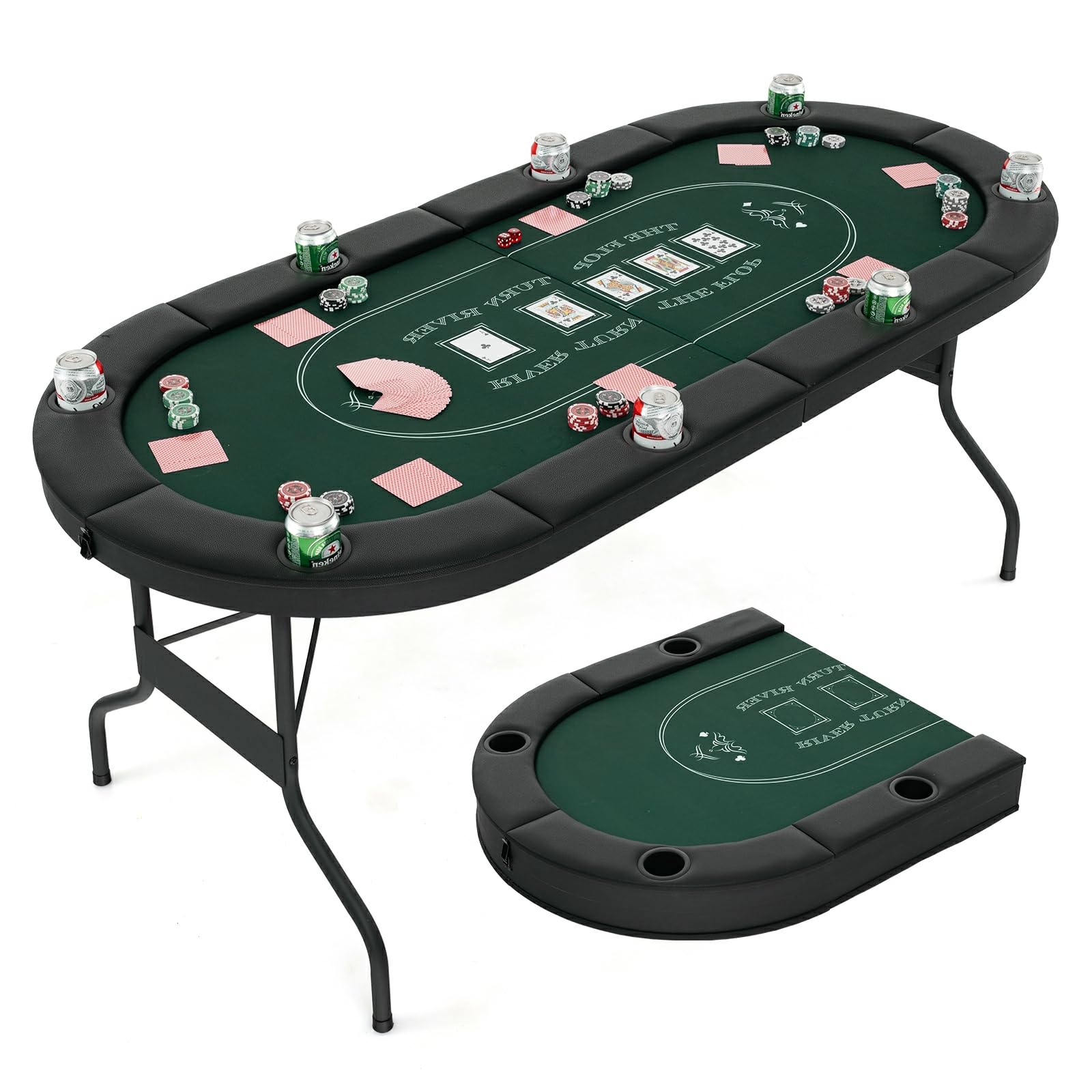 HOMASIS Mesa de Póker Plegable para 8 Jugadores, 182 x 82 cm Juego de Cartas con 8 Portavasos de Metal, Barandas Acolchadas, para Noche en Familia, Sala de Juegos (Verde)