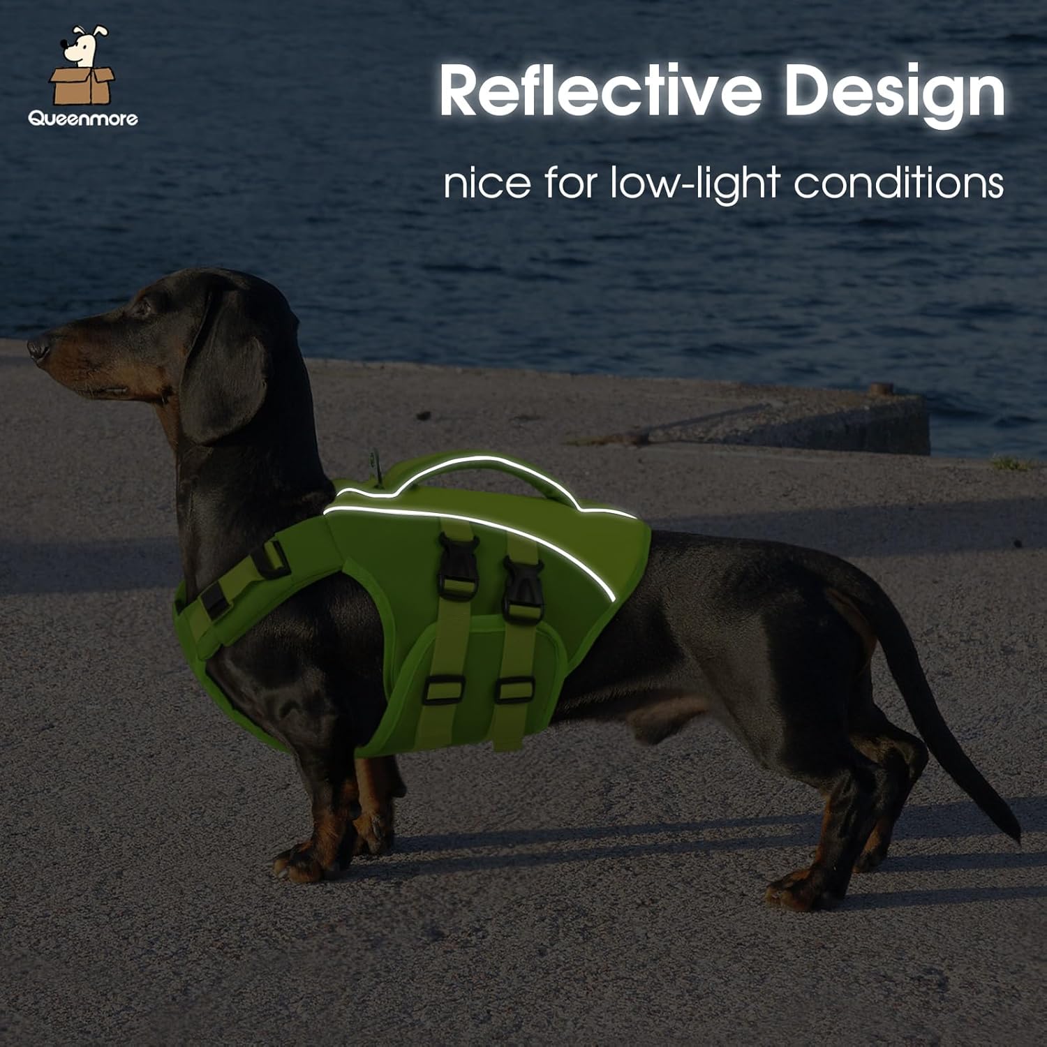 Queenmore Green X-Large Dog Life Jacket, Adjustable Reflective Dog Swimming Vest, Superior Buoyancy, High Floating Pet Life Vest for Swimming