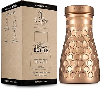 Cop29 Handmade Dolny Shiny Honeycomb Copper Bedroom Water Bottle I Pitchers with Lid I Bedside Water Carafe (Indoor Use with Loose Lid) –1000ml/34oz