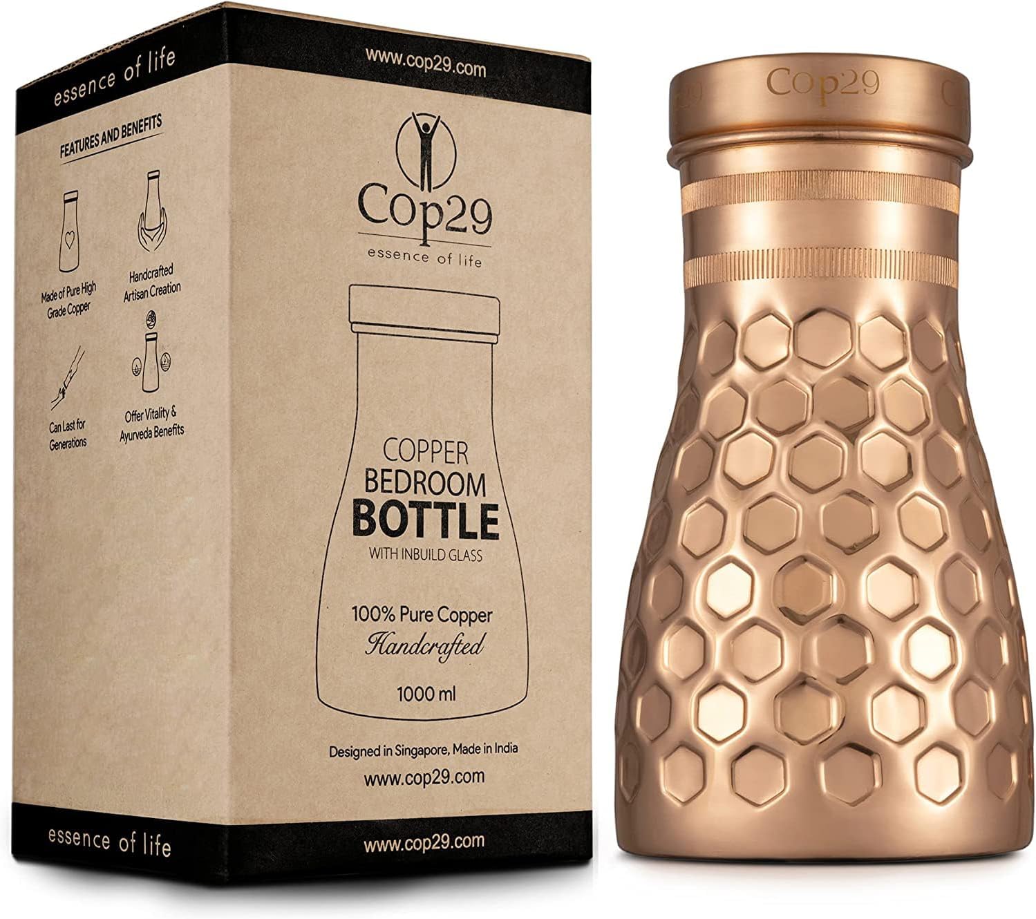 Cop29 Handmade Dolny Shiny Honeycomb Copper Bedroom Water Bottle I Pitchers with Lid I Bedside Water Carafe (Indoor Use with Loose Lid) –1000ml/34oz