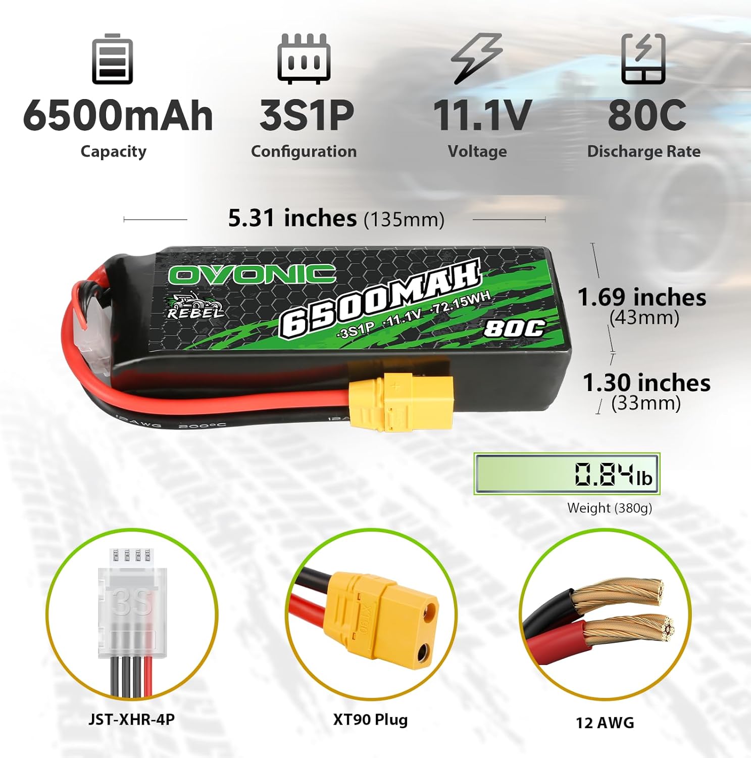OVONIC lipo Battery 80C 6500mah 3S 11.1V hardcase with XT90 Plug for Arrma Rc car Battery