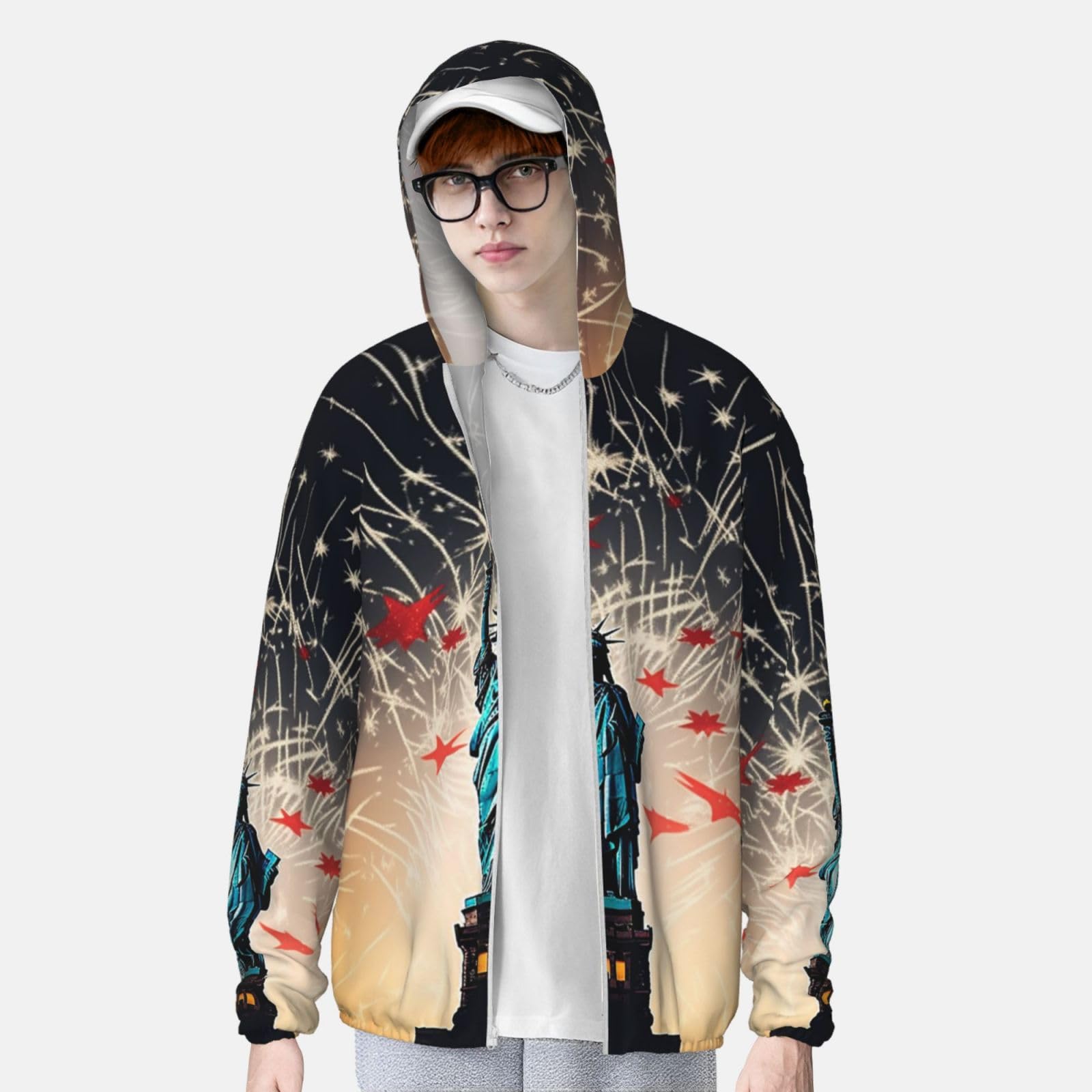 Women's Sun Protection Hoodie Jacket Sun Protection Clothing for Men Statue of Liberty and Fireworks Women Run Shirt XX-Large Black
