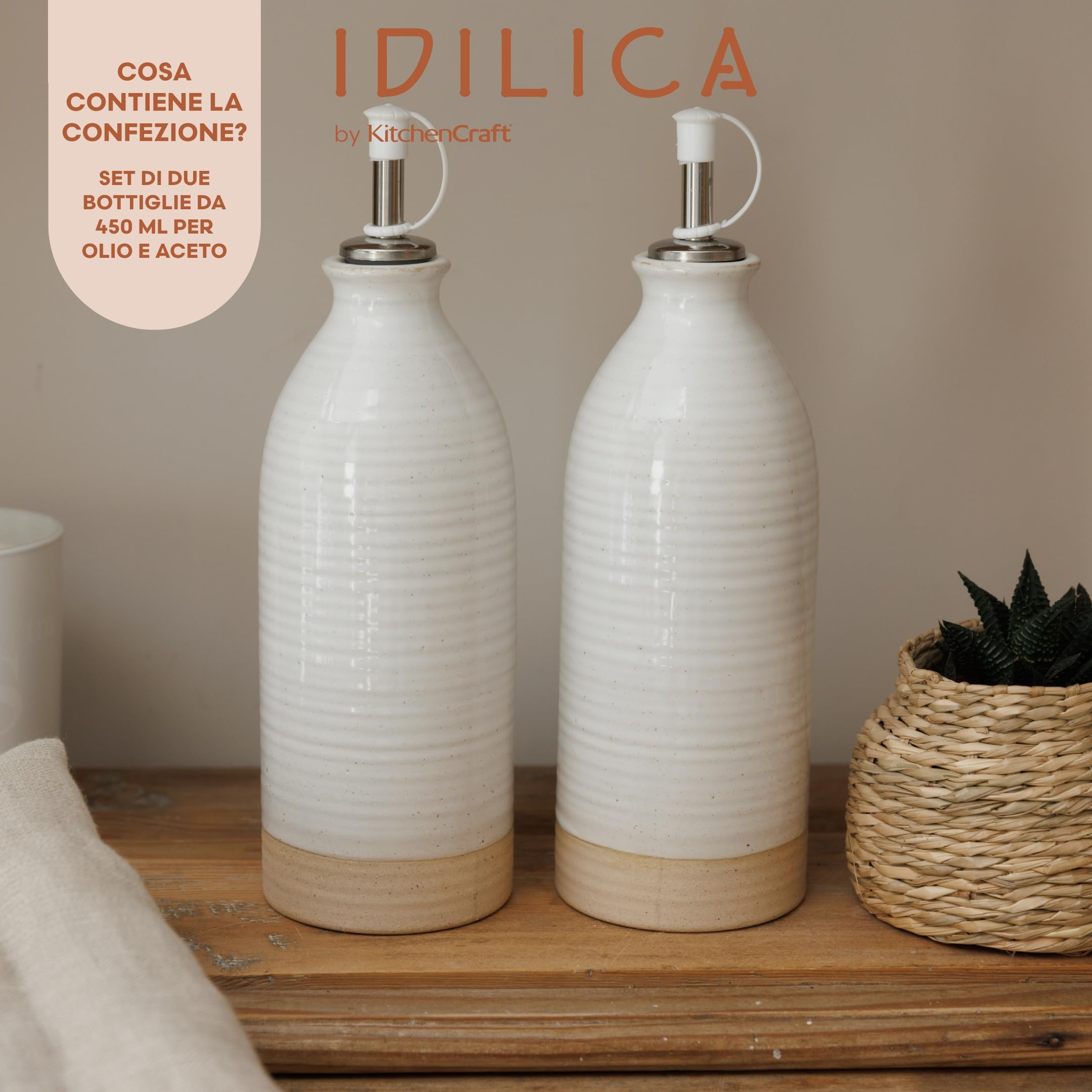 KitchenCraft Idilica Bottiglie per olio e aceto in gres, Set di 2 versatori per olio e aceto in ceramica con base non smaltata, crema, 45ml