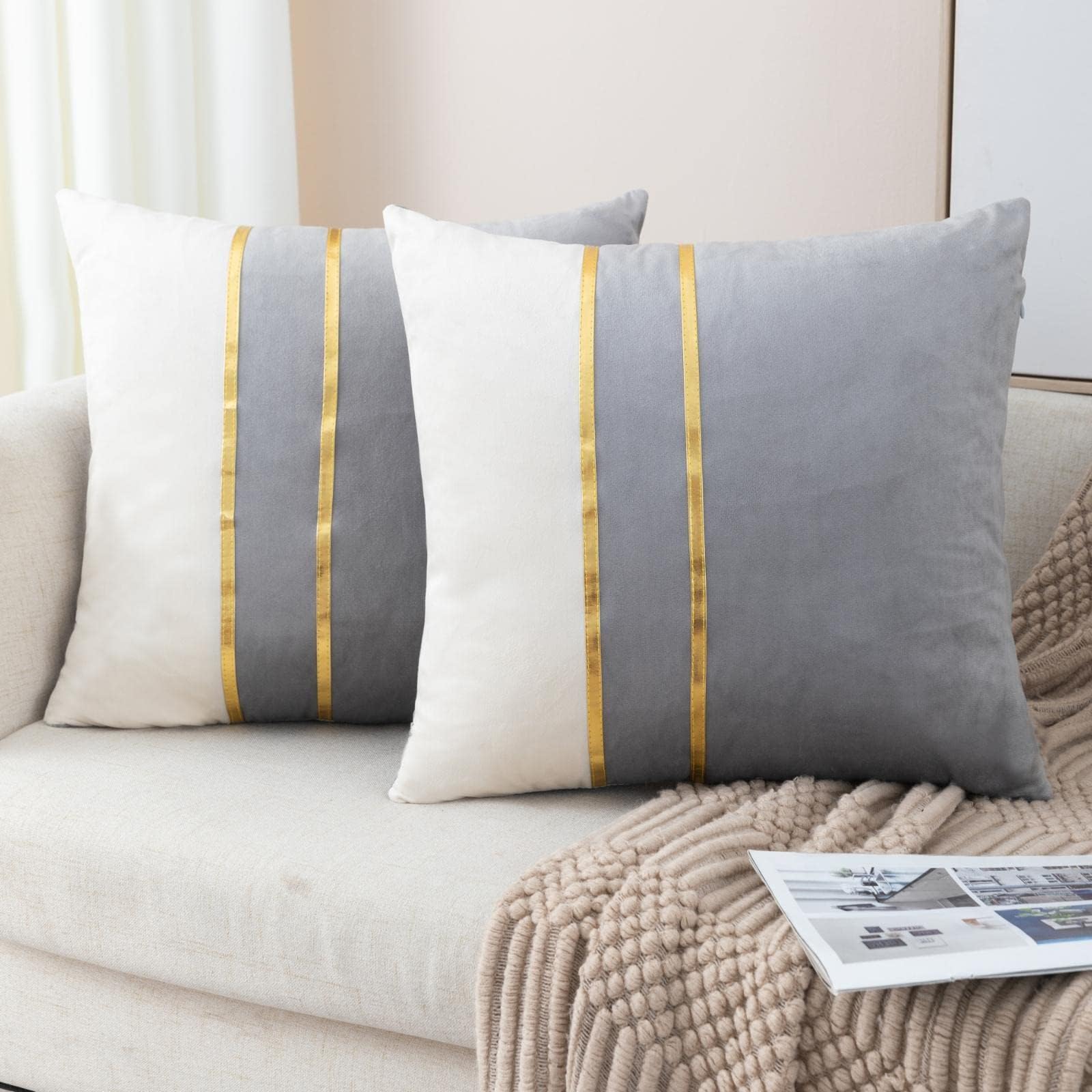 ZLINA Set of 2 Velvet Decorative Throw Pillow Covers Grey White Patchwork with Gold Leather Pillow Covers 24 × 24 Inch Cushion Covers Decor Living Room Sofa Bedroom Car