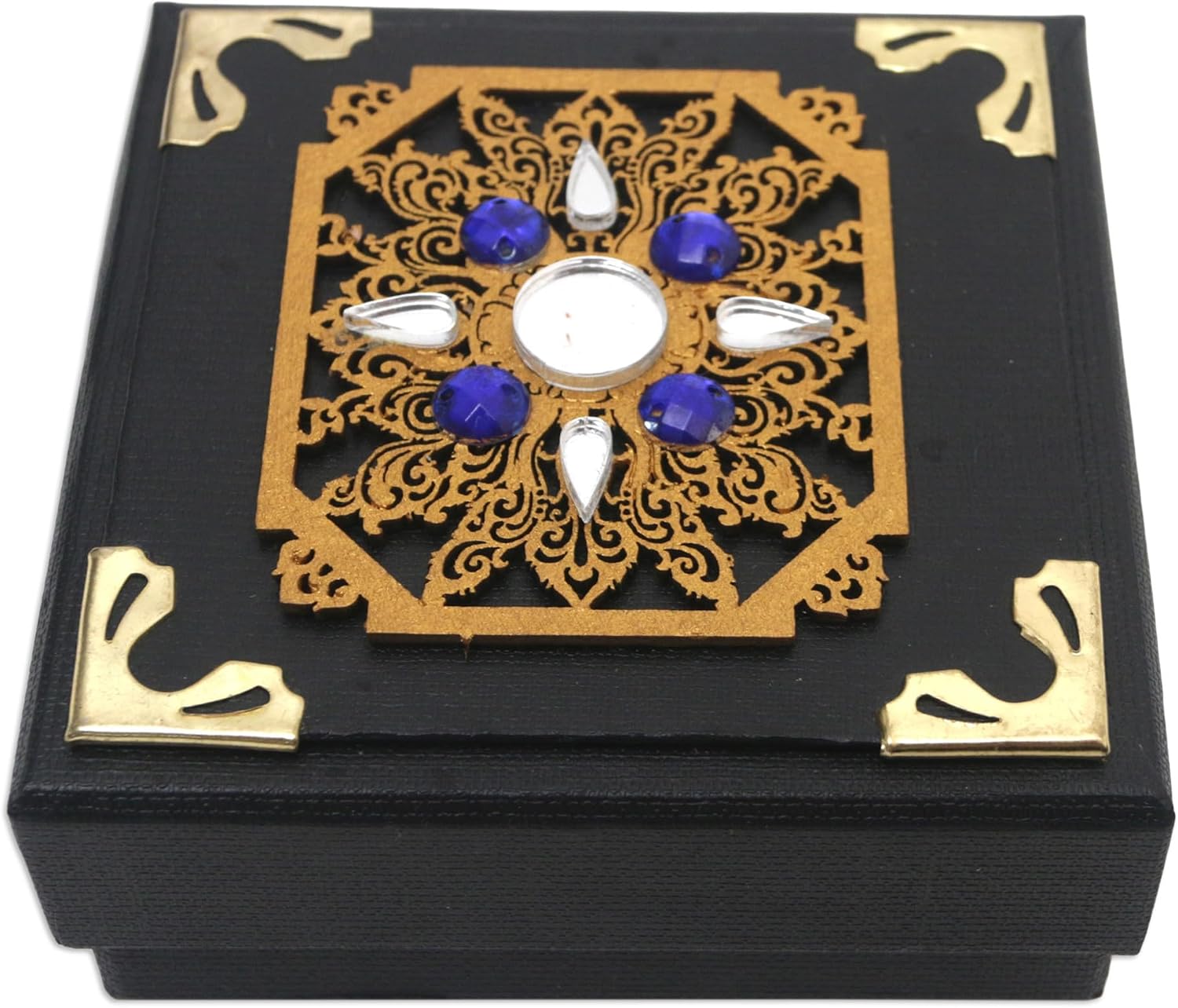 NOVICA Handmade Linen Paper Decorative Box Traditional Black with Blue Beads and Gold Tone Paperbead Indonesia Accessories 'Blue Sunrise'