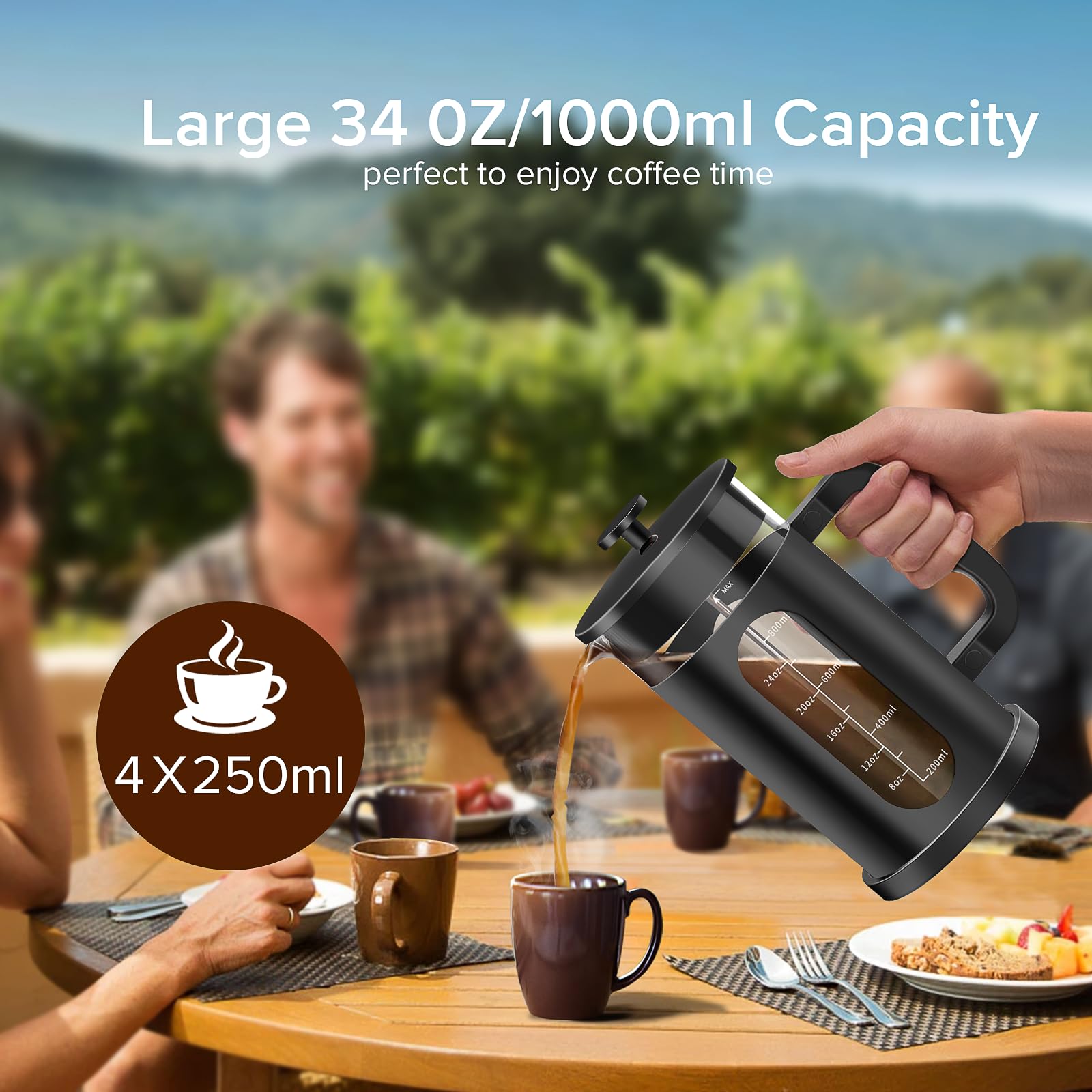 QUQIYSO Cafetera de prensa francesa, prensa francesa de acero inoxidable 304 con 4 filtros, vidrio de borosilicato resistente al calor, fácil de limpiar, sin BPA, cafetera sin óxido, 34 onzas, color