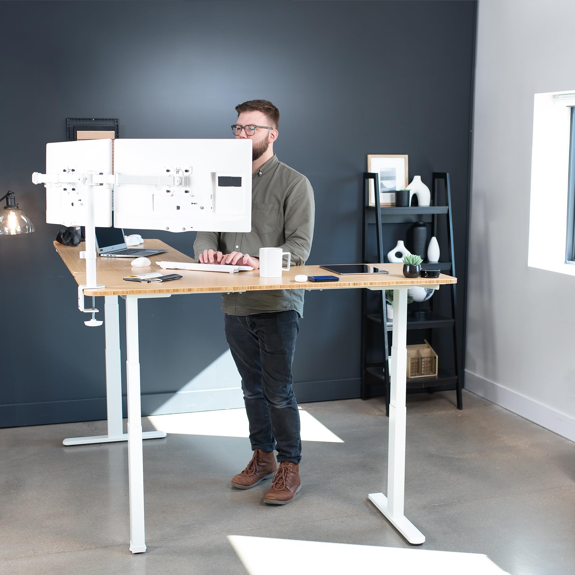 VIVO Electric Height Adjustable 83 x 60 inch Corner Stand Up Desk 2 Solid Bamboo Table Tops White — view 8