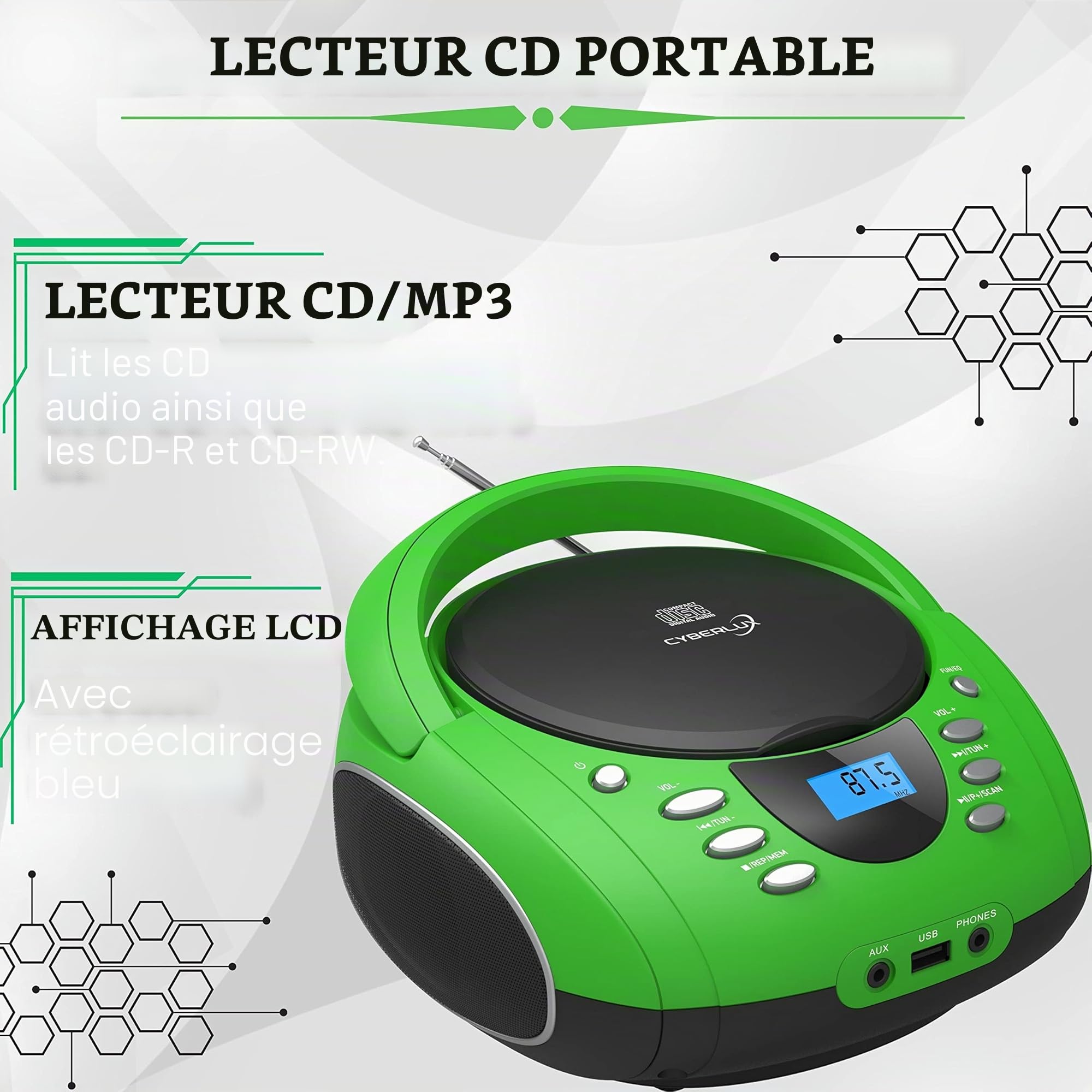 Boombox Portable CD/CD-R USB FM Radio Entrée AUX Casque Lecteur CD Enfant Chaîne Stéréo Système Compact (Golo Green)
