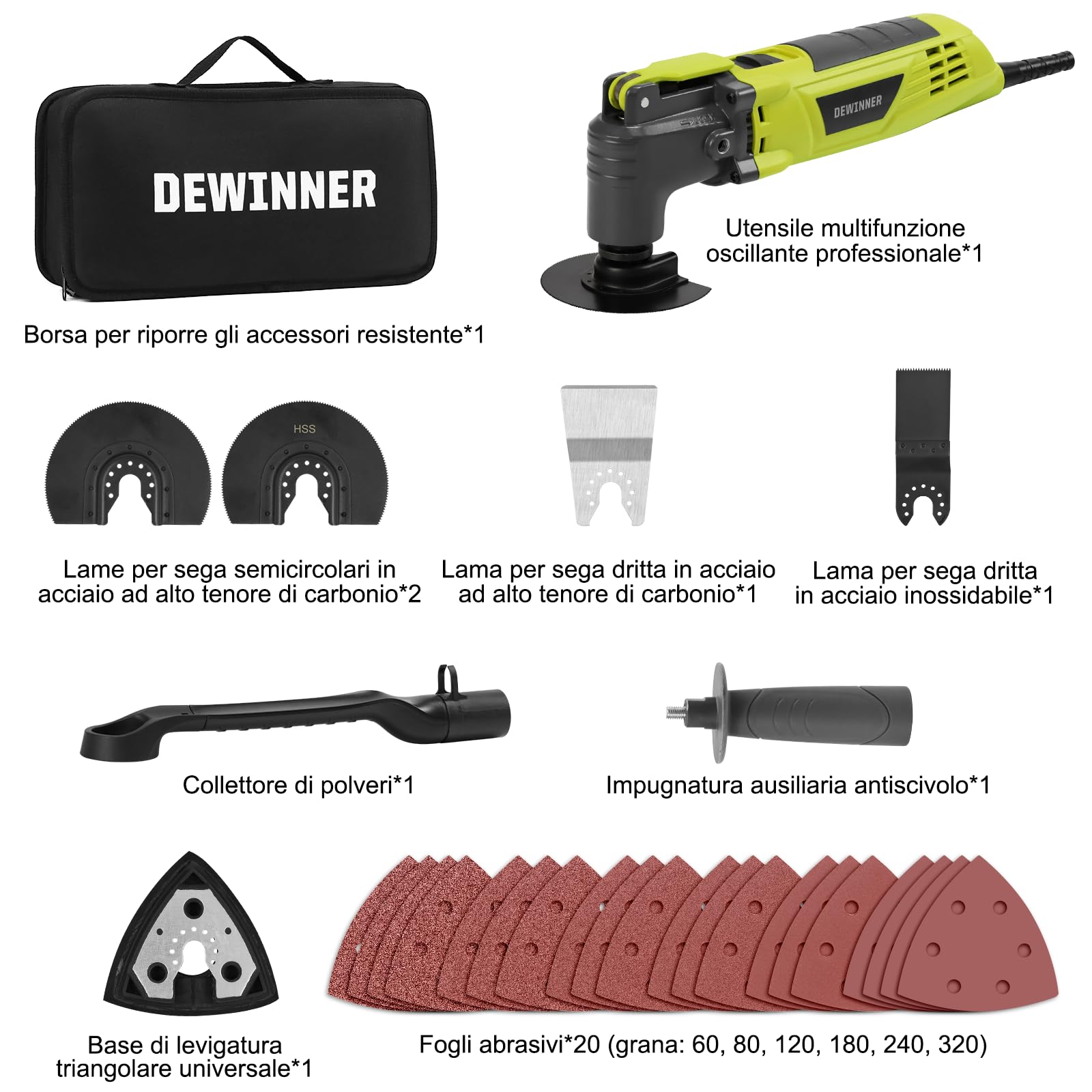 DEWINNER Utensile Multifunzione Oscillante, 300W Multiutensile Oscillante 15000-22000RPM, 28 Accessori, 6 Velocità Variabili, Angolo di Oscillazione 3°, Impugnatura Ausiliaria e borsa per il trasporto