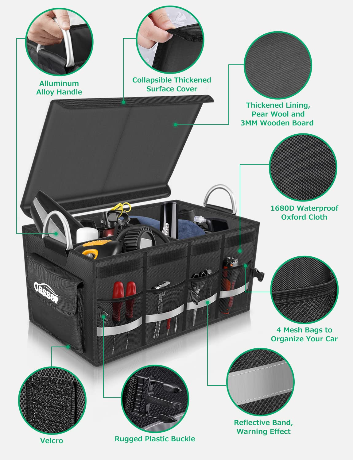 Oasser Organizer Bagagliaio Auto,Organizzatore Baule SUV Camino, Pieghevole,Facile da Pulire ,Maniglie in Alluminio,Fondo Antiscivolo con Fissaggio Copertura,Impermeabile Nero