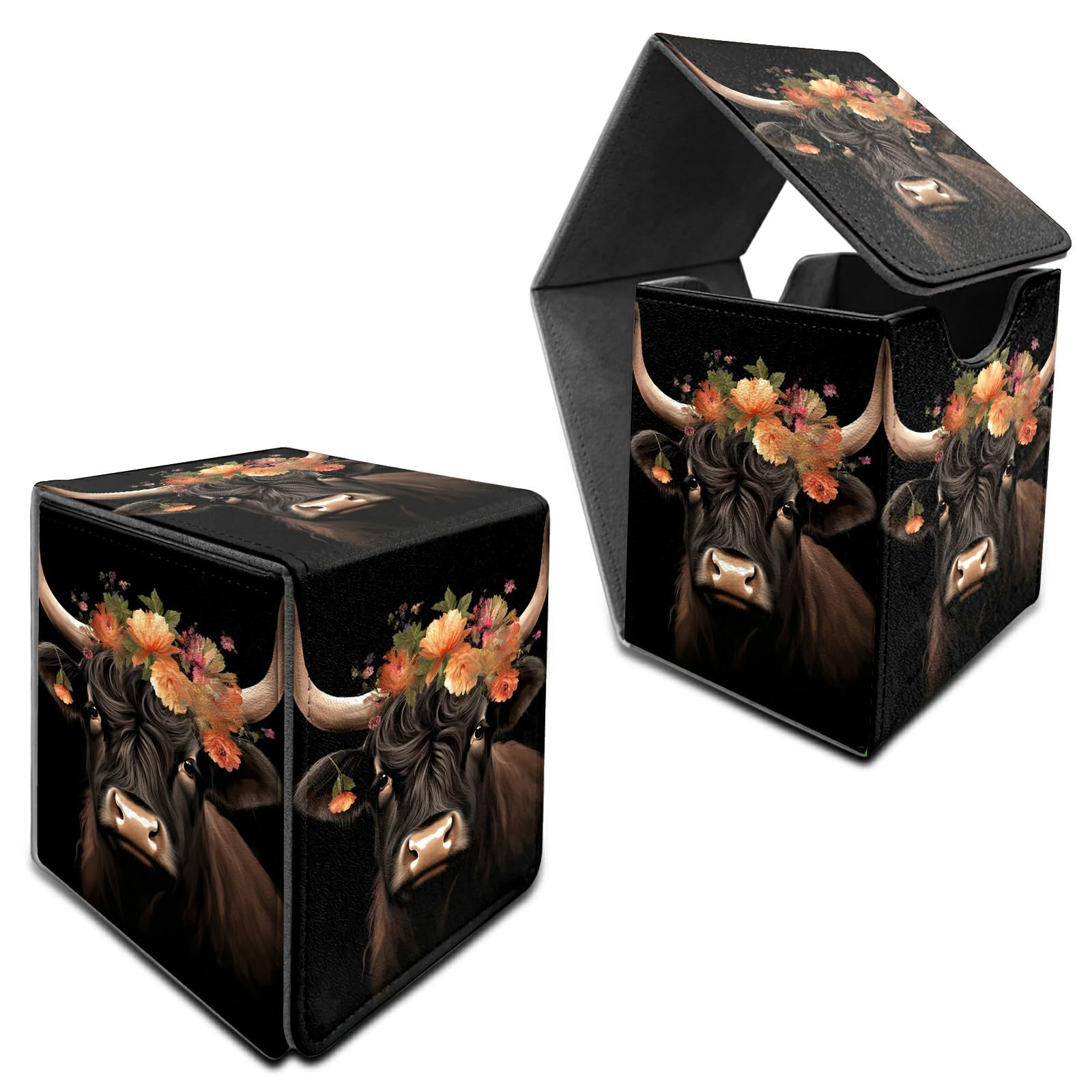 RWUTYTIUL for MTG Commander Deck Box, Card Storage Box Fits 100+ Sleeved Cards, PU Leather Large Size Strong Magnet Card Deck Case Holder for Board Game Magic MTG TCG CCG, Flower Cow — image 1