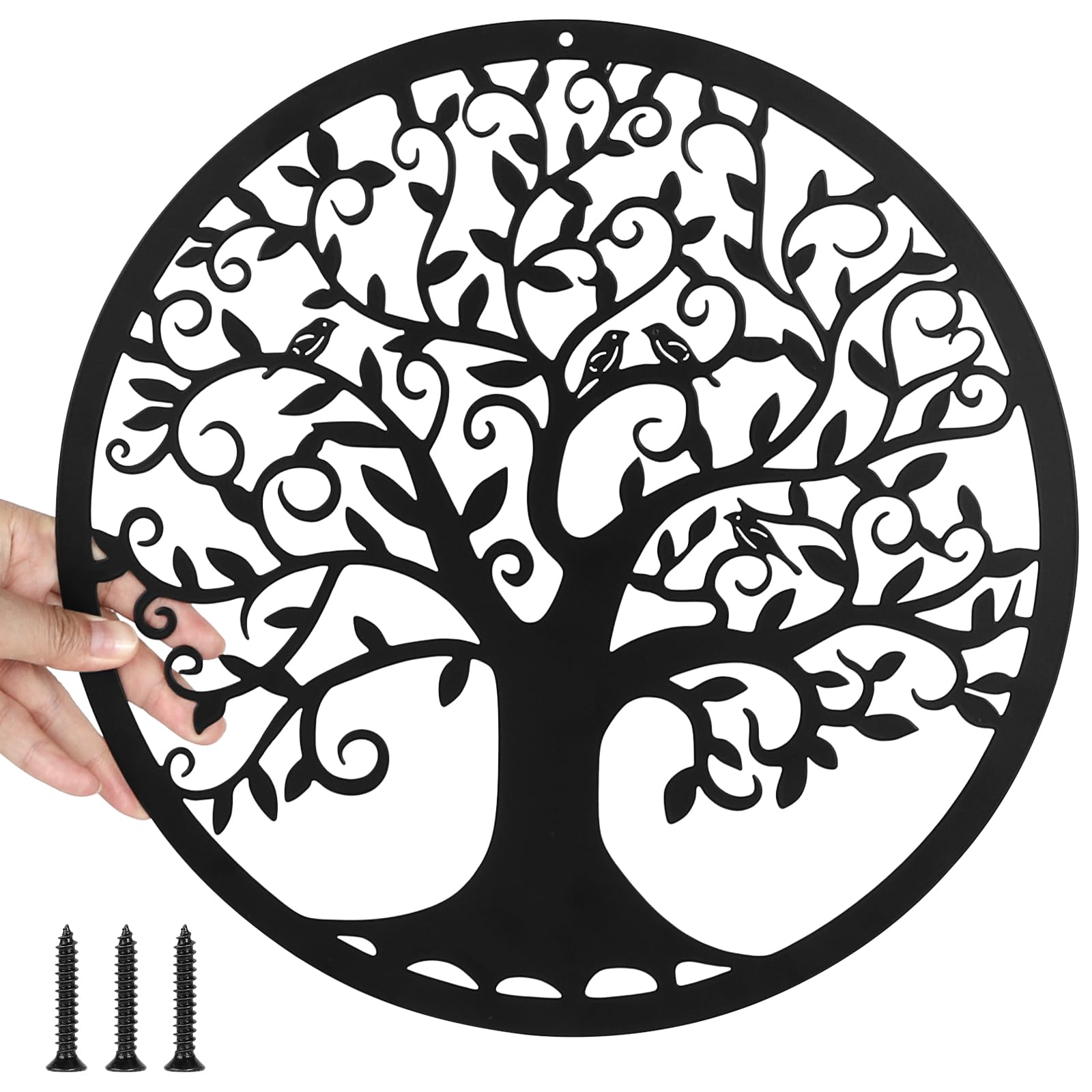 DBREAKS Árbol de la Vida Decoración de Pared de Metal Silueta de Arte, Redondo Escultura de Pared Colgante, Decoración de Pared Negra, Regalos Decorativos para Interior y Exterior (30 x 30 cm)