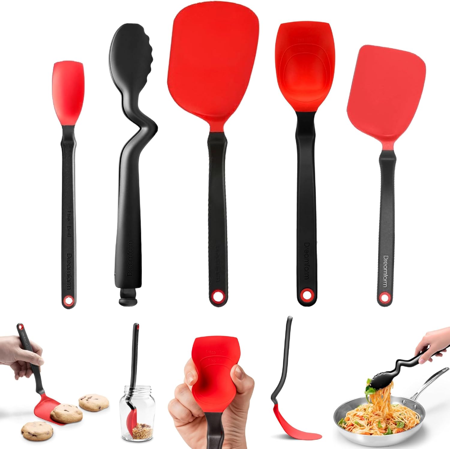 Dreamfarm Everyday Kitchen Essentials (Red) - Clongs Lite Click‑Lock Tongs, Supoon & Mini Supoon Scraper Spoons, Chopula & Mini Chopula Spatulas – Heat‑Resistant Nylon/Silicone for Cooking & Baking