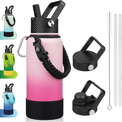 Miniatura 28 de BJPKPK Botella de agua aislada con tapa con popote, frascos térmicos de 22 onzas con 3 tapas, mango de paracord y bota antideslizante, vasos de