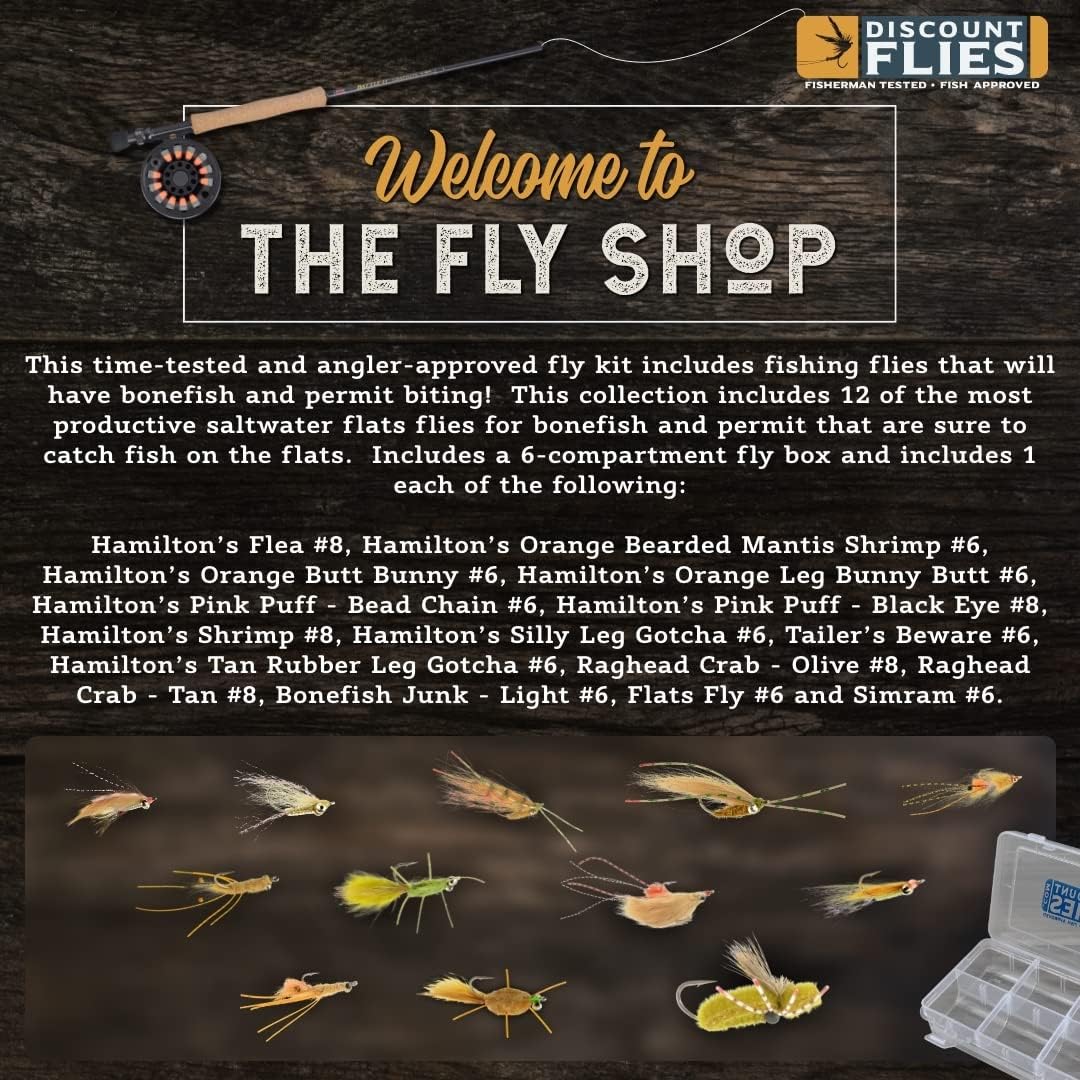 12-Piece Bonefish & Permit Fly Fishing Kit - Assorted Saltwater Flies + Fly Box - Realistic Fly Fishing Accessories