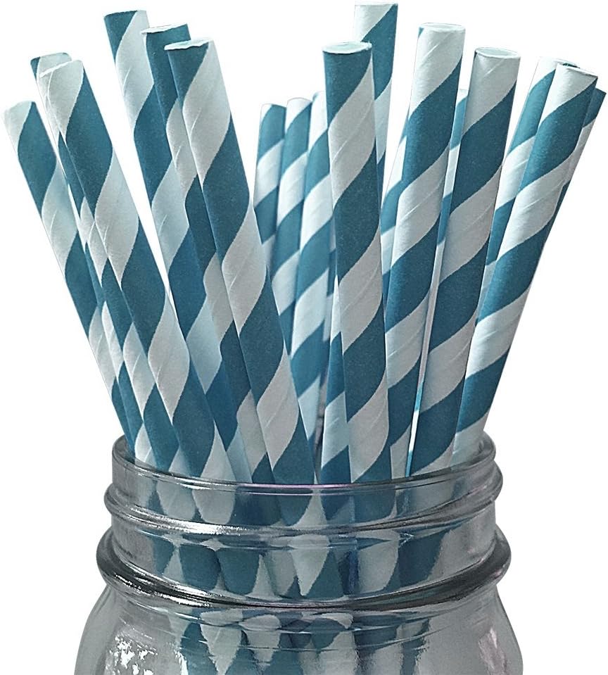 Teal Sea Green White Stripe Pattern Set of 100 Count Stripe Paper Drinking Straw Baking Sticks Cake Pop Sticks For Cake Pops Lollipops Crafts Cupcake Toppers Rock Candy and Brownie Pops 7 3/4 inch