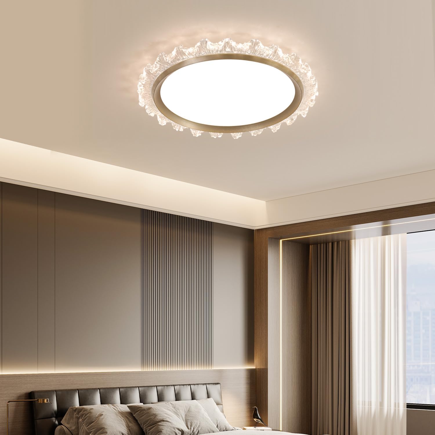 Crystal Flush Mount Ceiling Light, Dimmable LED Modern Close to Ceiling Light for Bedroom Kitchen Bathroom Closet Foyer, Round Dia 19.7 Inch (Gold, 19.7in/50cm)
