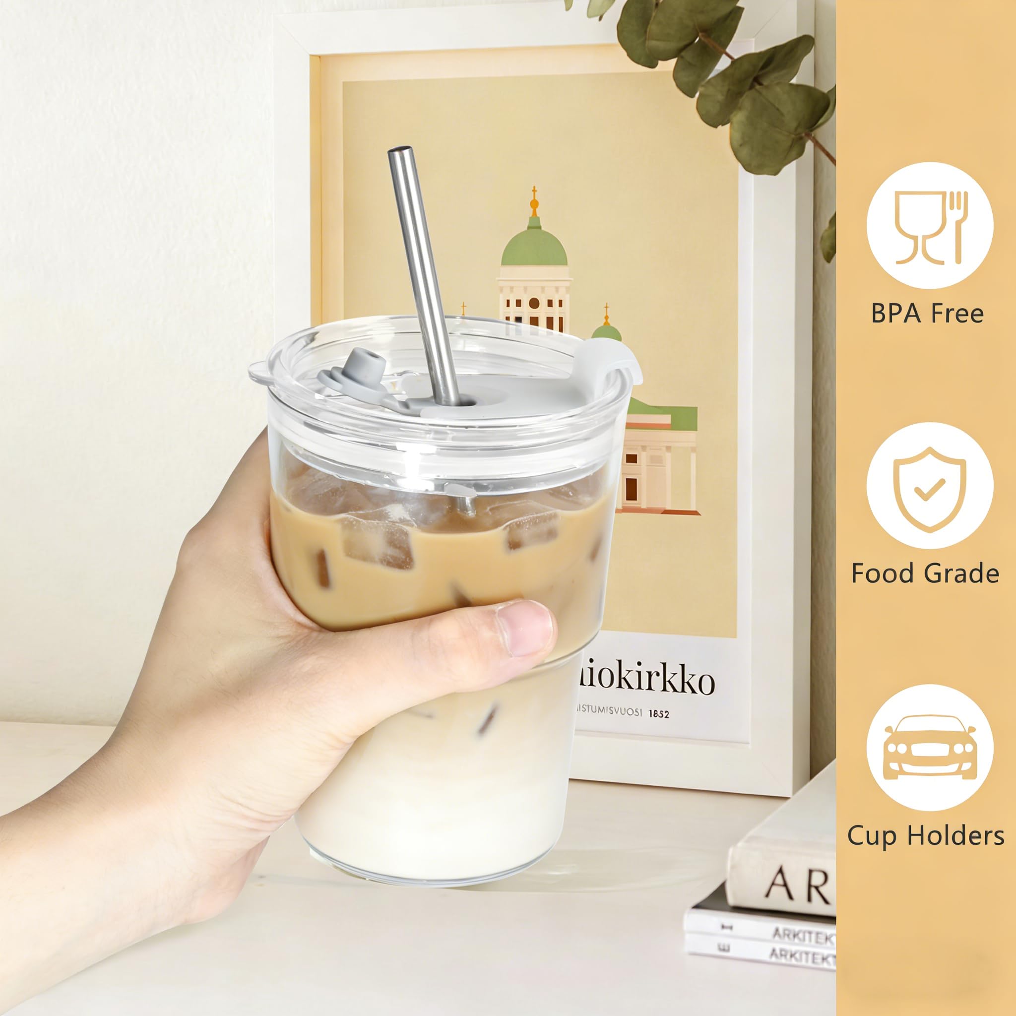 Juego de 6 tazas de café helado de 16 onzas con tapas y popotes, vasos de acrílico transparente, vaso de plástico reutilizable, vaso de café helado, taza para llevar para té matcha, taza de