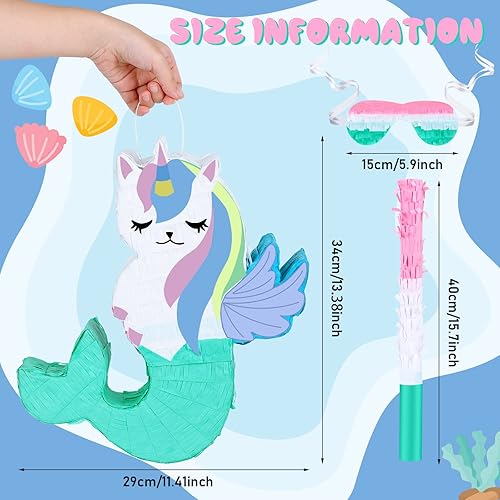 Miniatura 2 de Juego de piñata de sirena de unicornio pequeña con piñata de sirena de unicornio con palo de bateo azul y confeti para niñas, decoración de fiesta