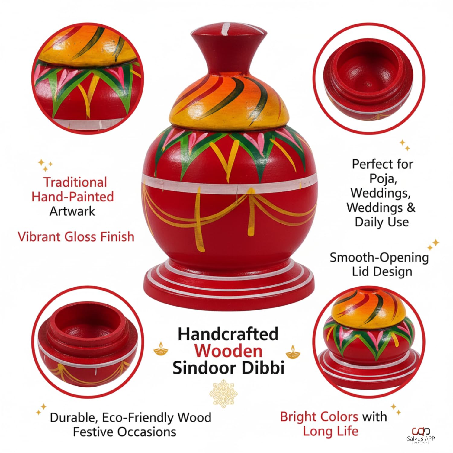 Salvus APP SOLUTIONS Wooden Round Sindoor Dibbi/Sindoor Box/Dani, Women Utility, Home Decoration, Set of 2 (Multicolor_3x4 Inch) 1