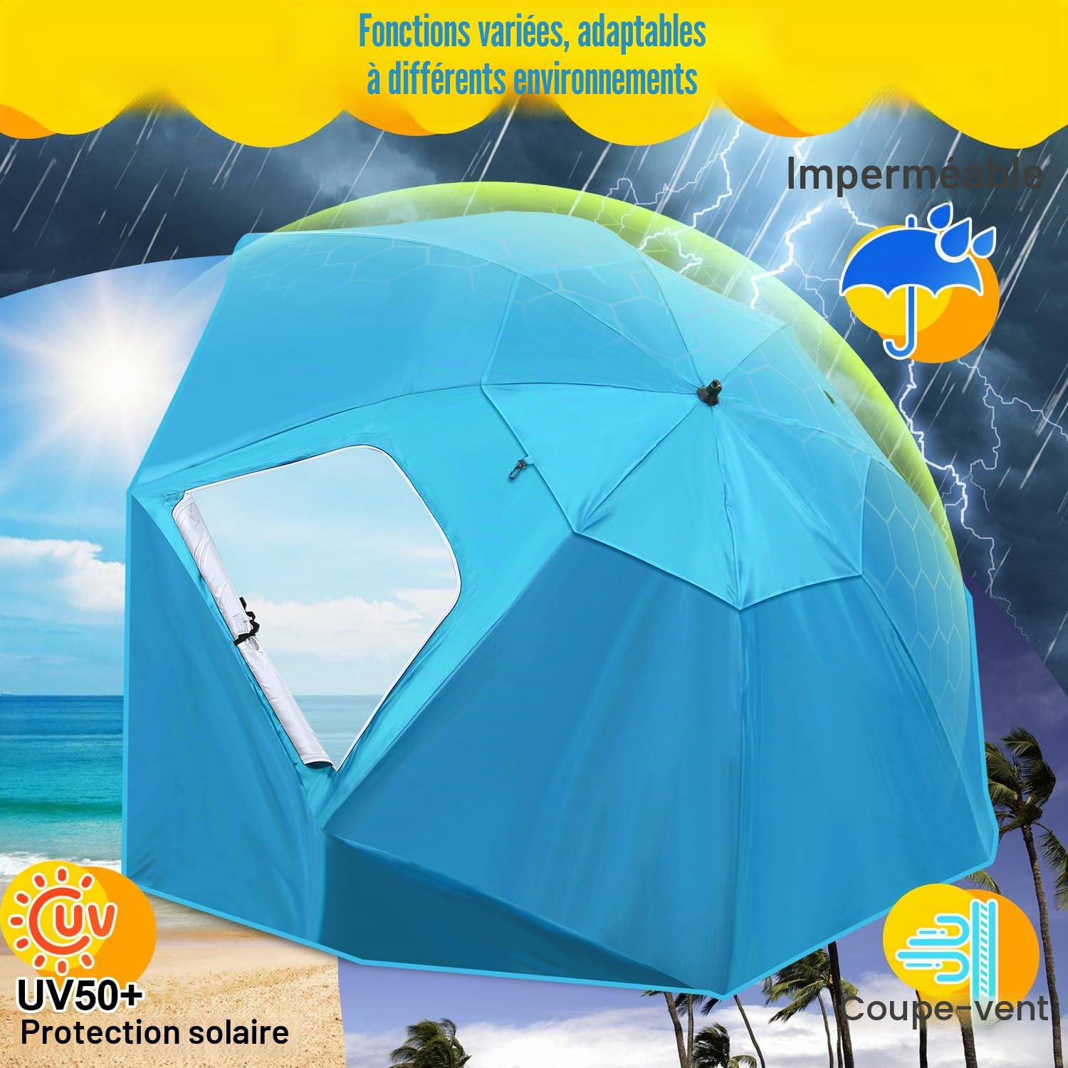 Herrselsam Parasol tente de plage | Parasol robuste 2 en 1 pour plage et jardin | Crème solaire imperméable anti-UV | Pliable multifonctionnel | Bleu ciel