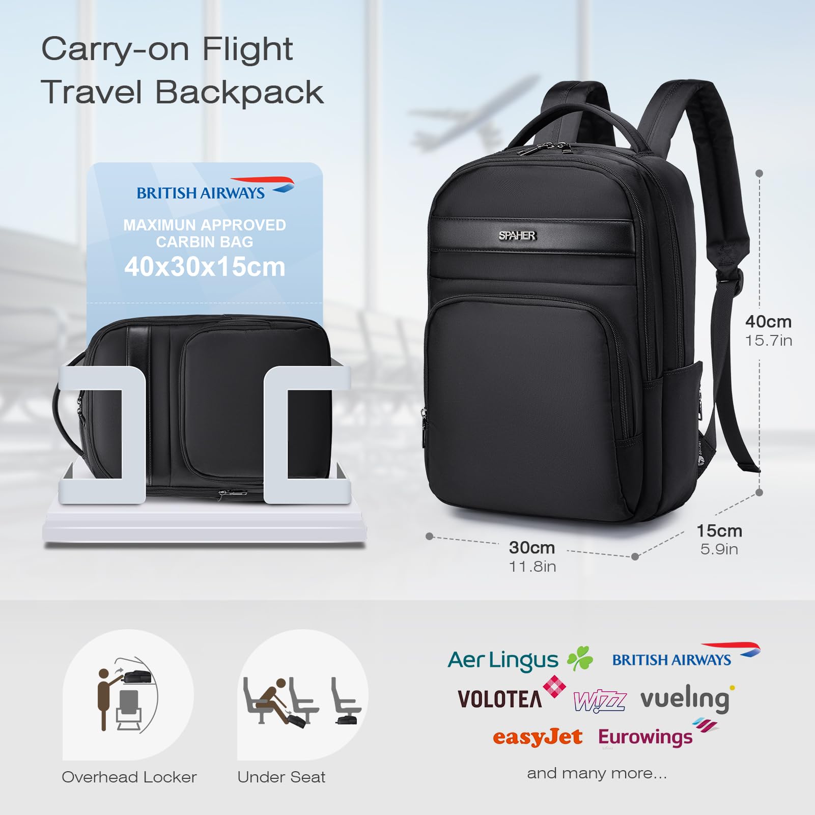 SPAHER Zaino da Viaggio Aereo Bagaglio a Mano 40x30x15 Iberia British Airways Zaino Porta PC 15,6 Pollici Donna Uomo Impermeabile Travel Backpack Cabin Bag per Scuola Lavoro Ufficio, Beige